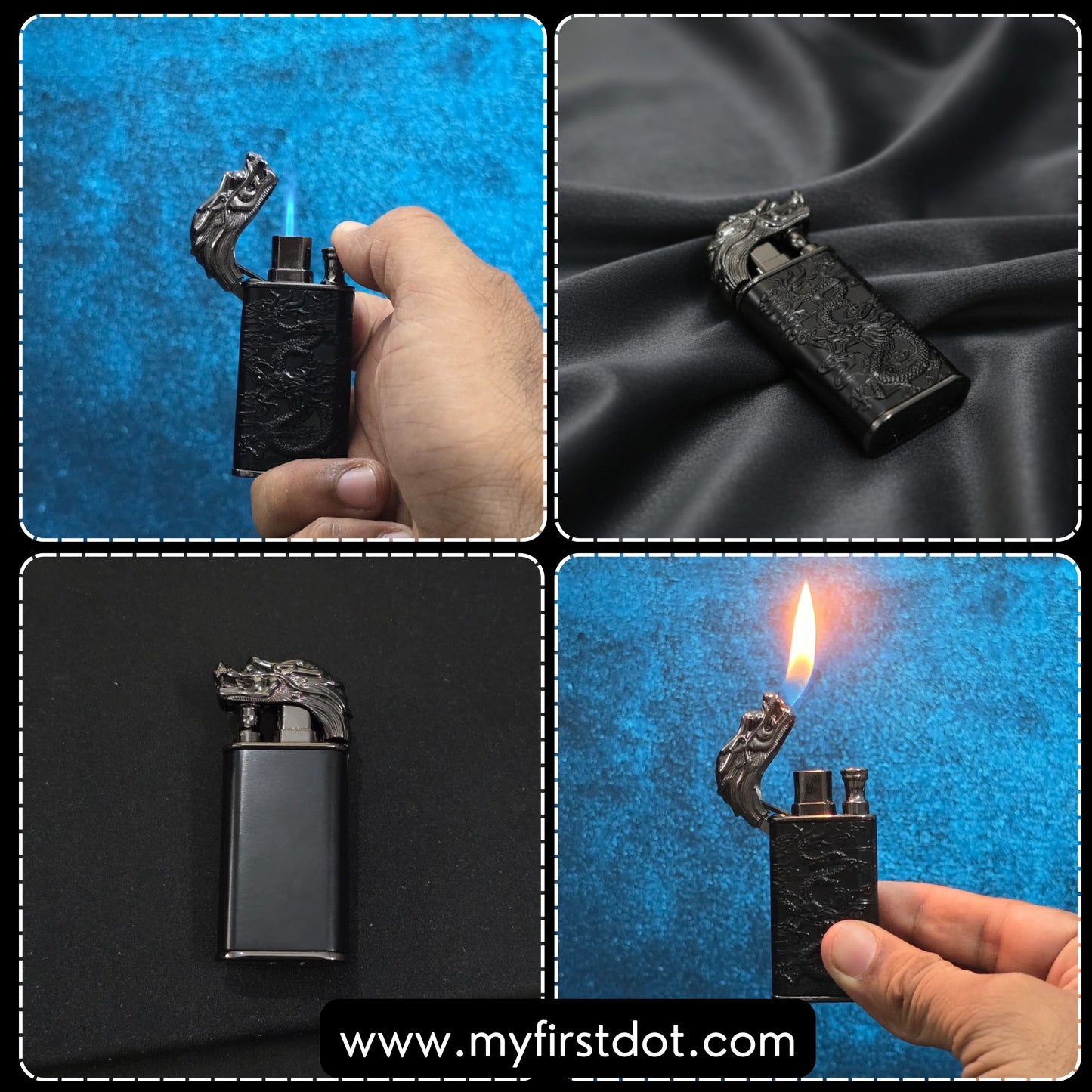 Collage of a black lighter with dragon design, held and shown on a blue and black background.
