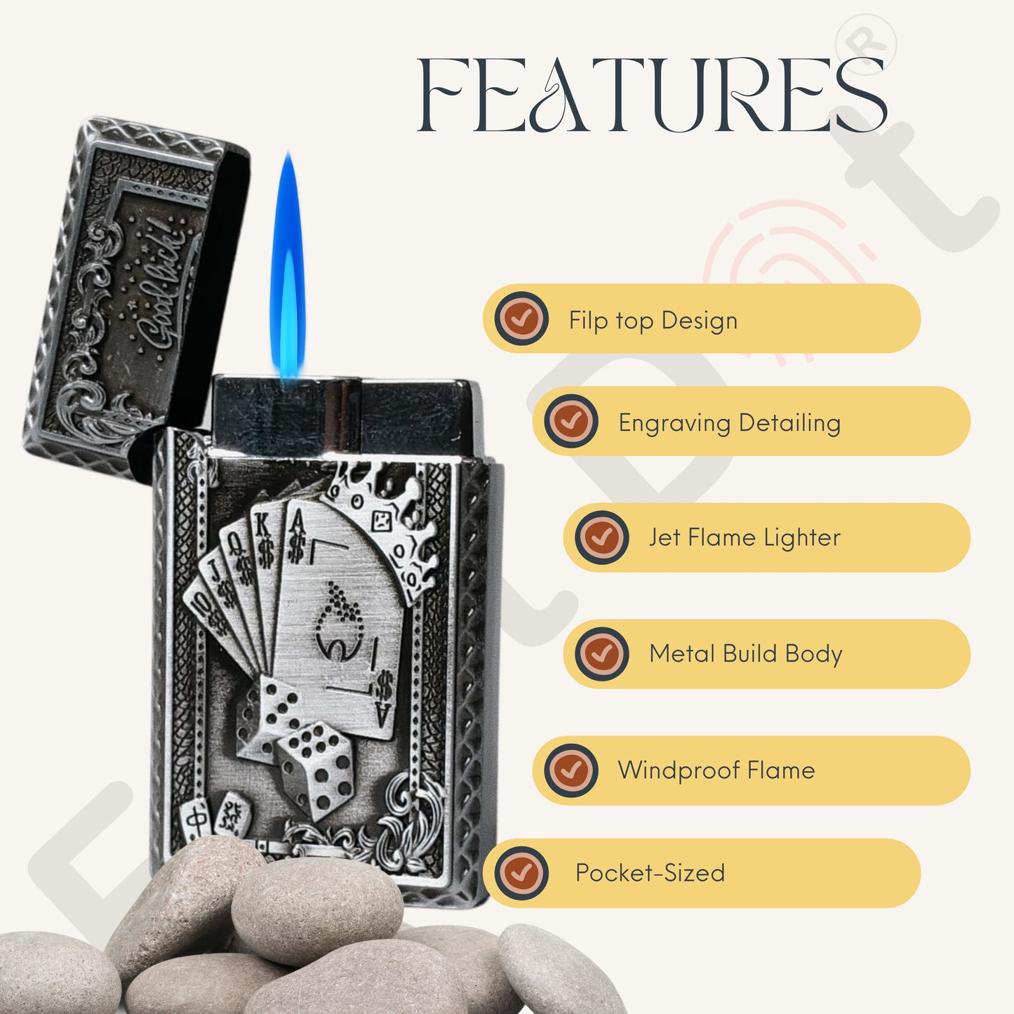 Good Luck Dice Embossed Refillable Cigarette Lighter Silver