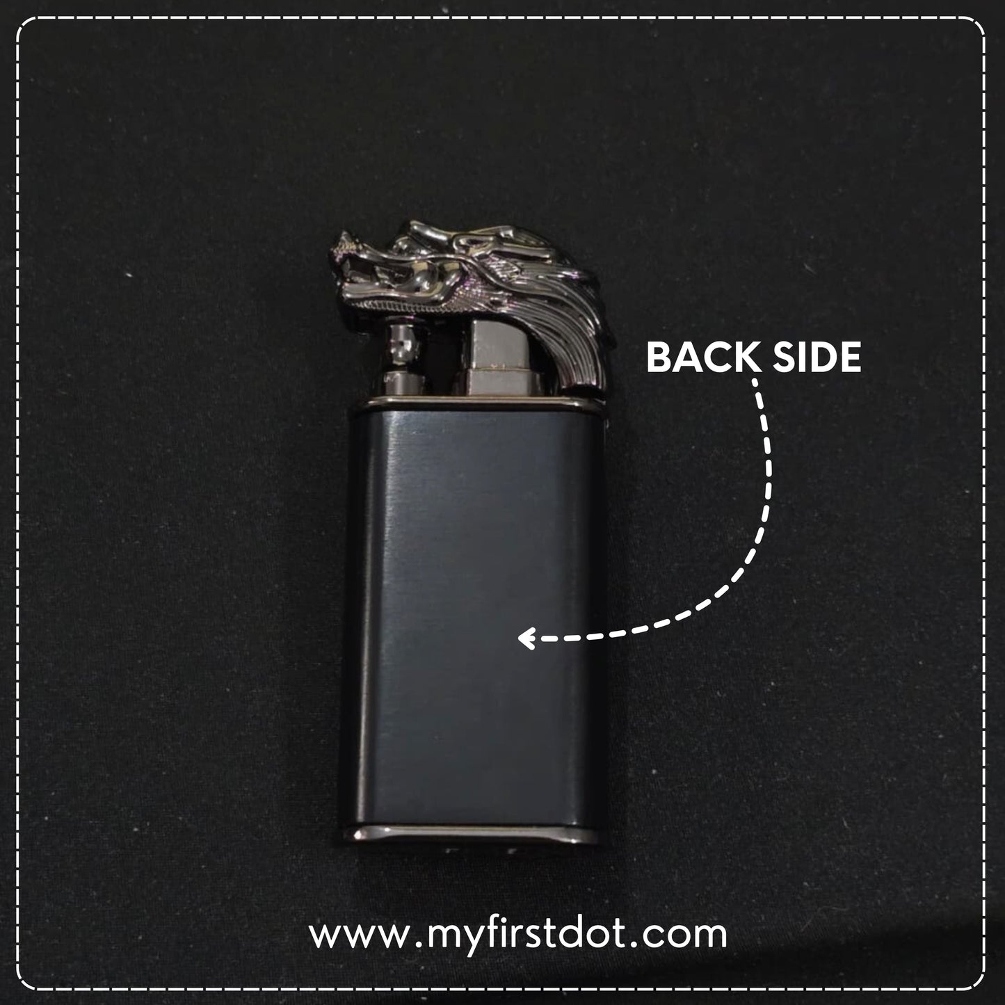Black lighter with dragon design on the back side, labeled 'Back Side', on a black background.