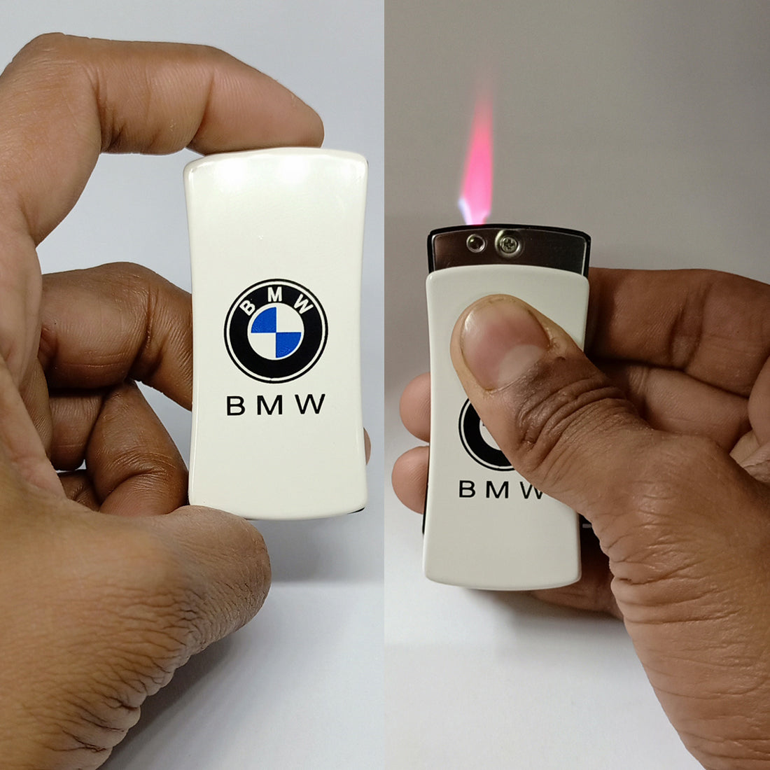 BMW lighter being held and ignited by a person's hand. BMW Jet Flame Cigarette Lighter