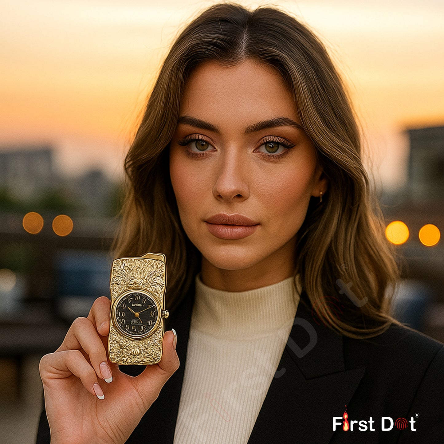 First Dot refillable lighter with dragon detailing, vintage bronze finish, and integrated watch — perfect for everyday carry.