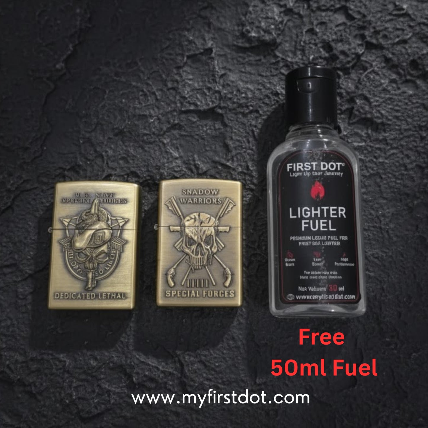 Combo of 2 Embossed Metal Cigarette Lighters + Free 50ml Fuel