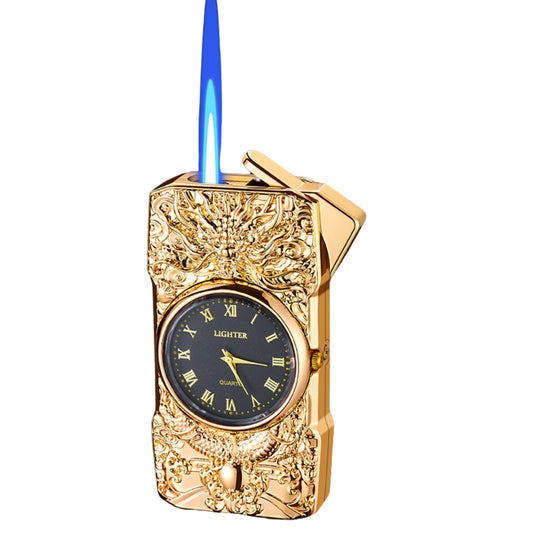 Premium refillable metal lighter with engraved dragon design on white background