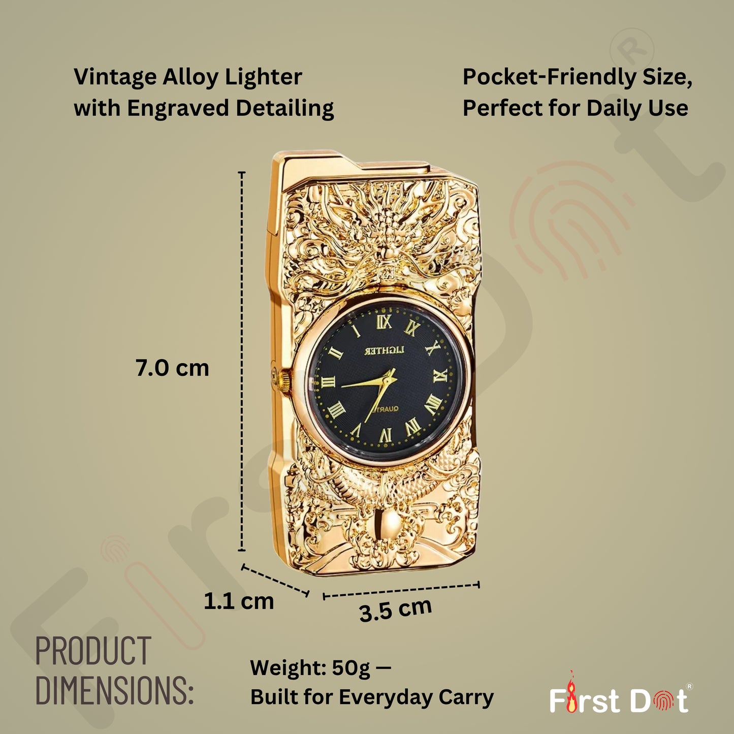 Sleek silver gas lighter featuring watch dial and windproof jet flame nozzle.