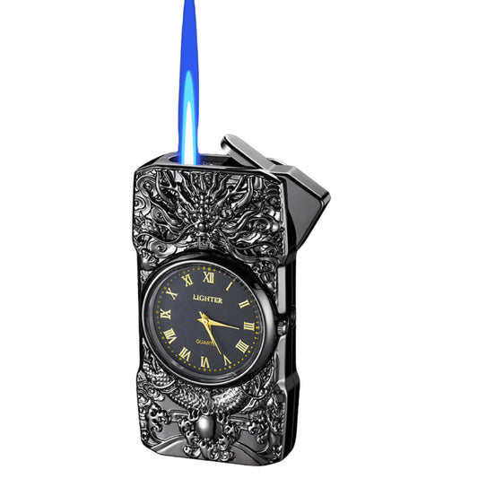 Premium refillable metal lighter with engraved dragon design on white background