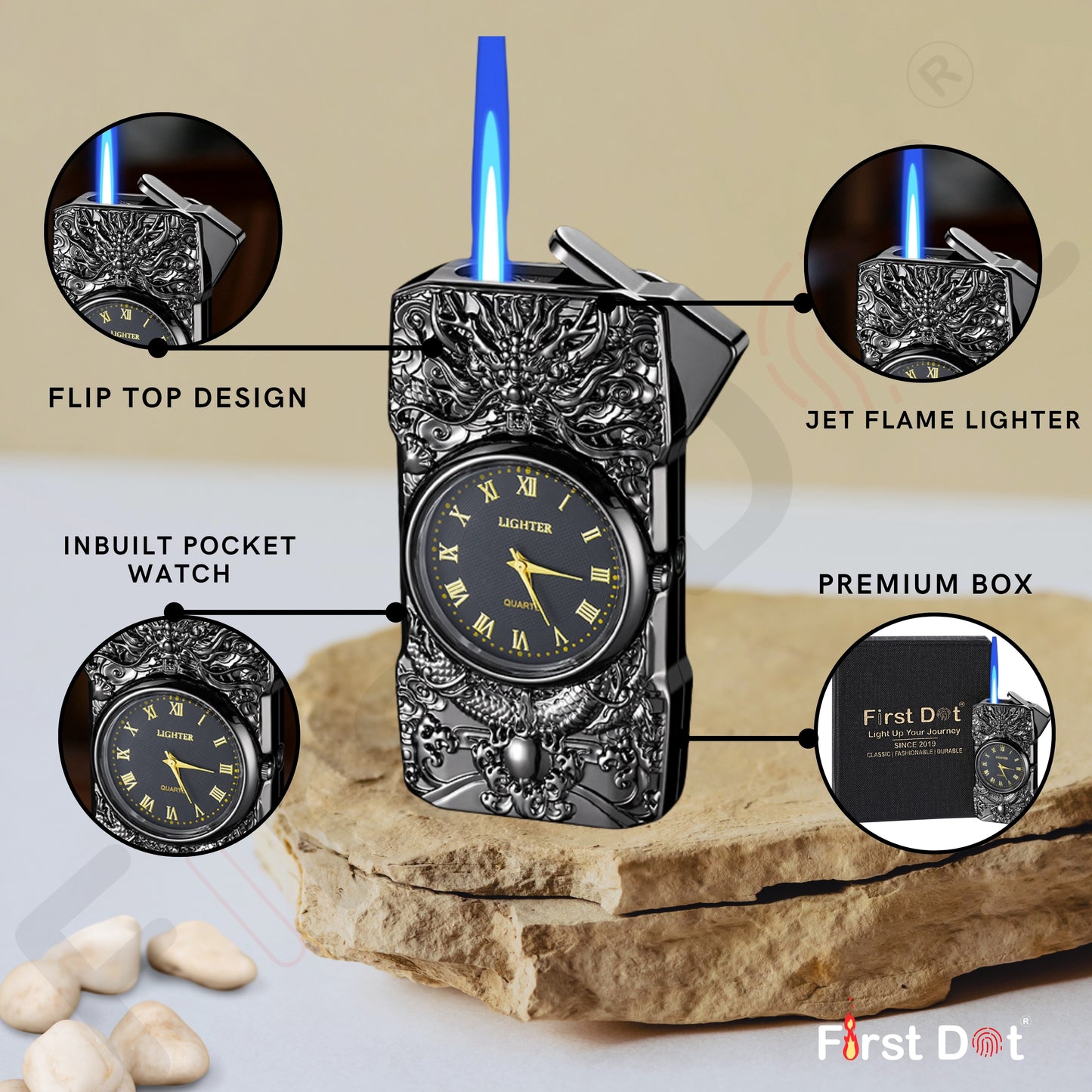 Sleek silver gas lighter featuring watch dial and windproof jet flame