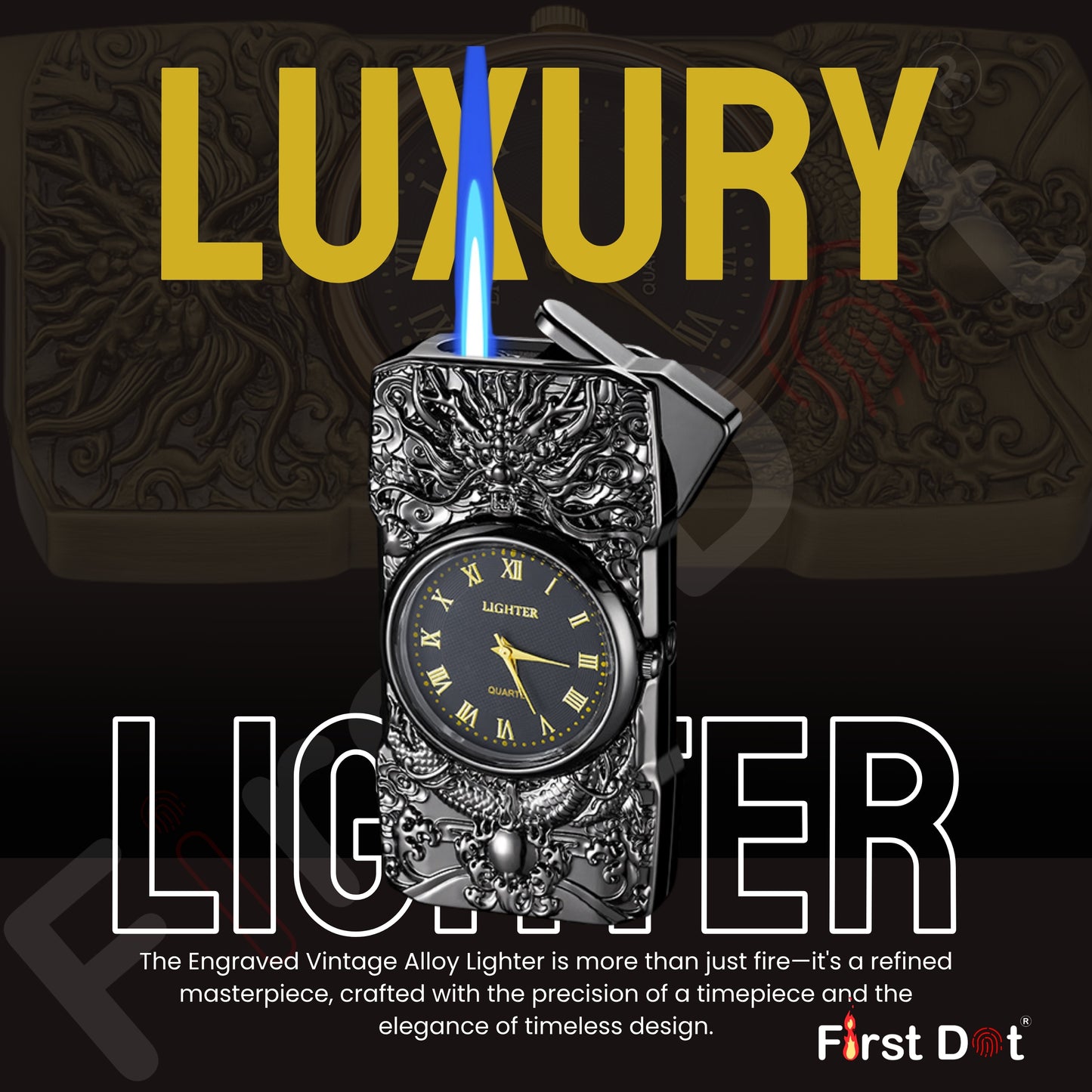 Stylish refillable butane lighter with intricate dragon artwork for men