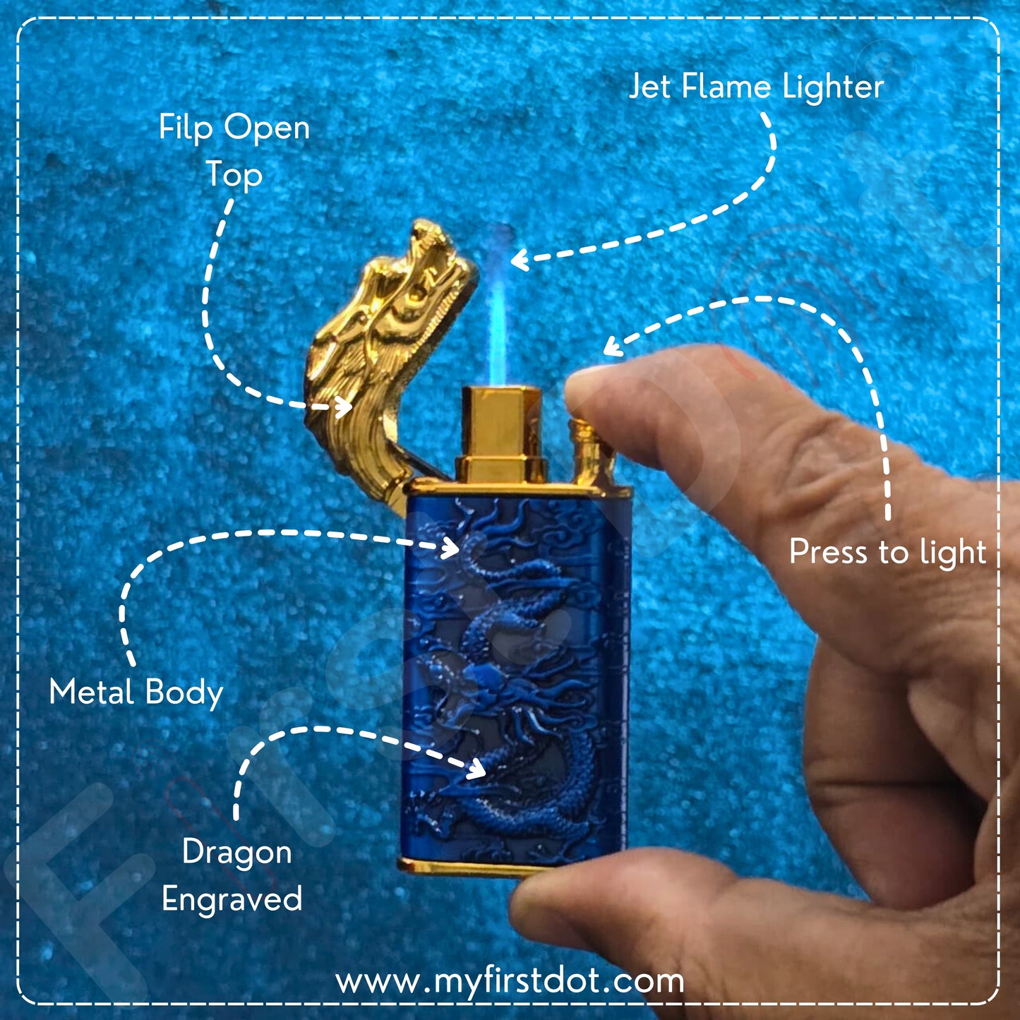 Blue lighter with dragon engraving being lit by a hand, labeled parts on a blue background.