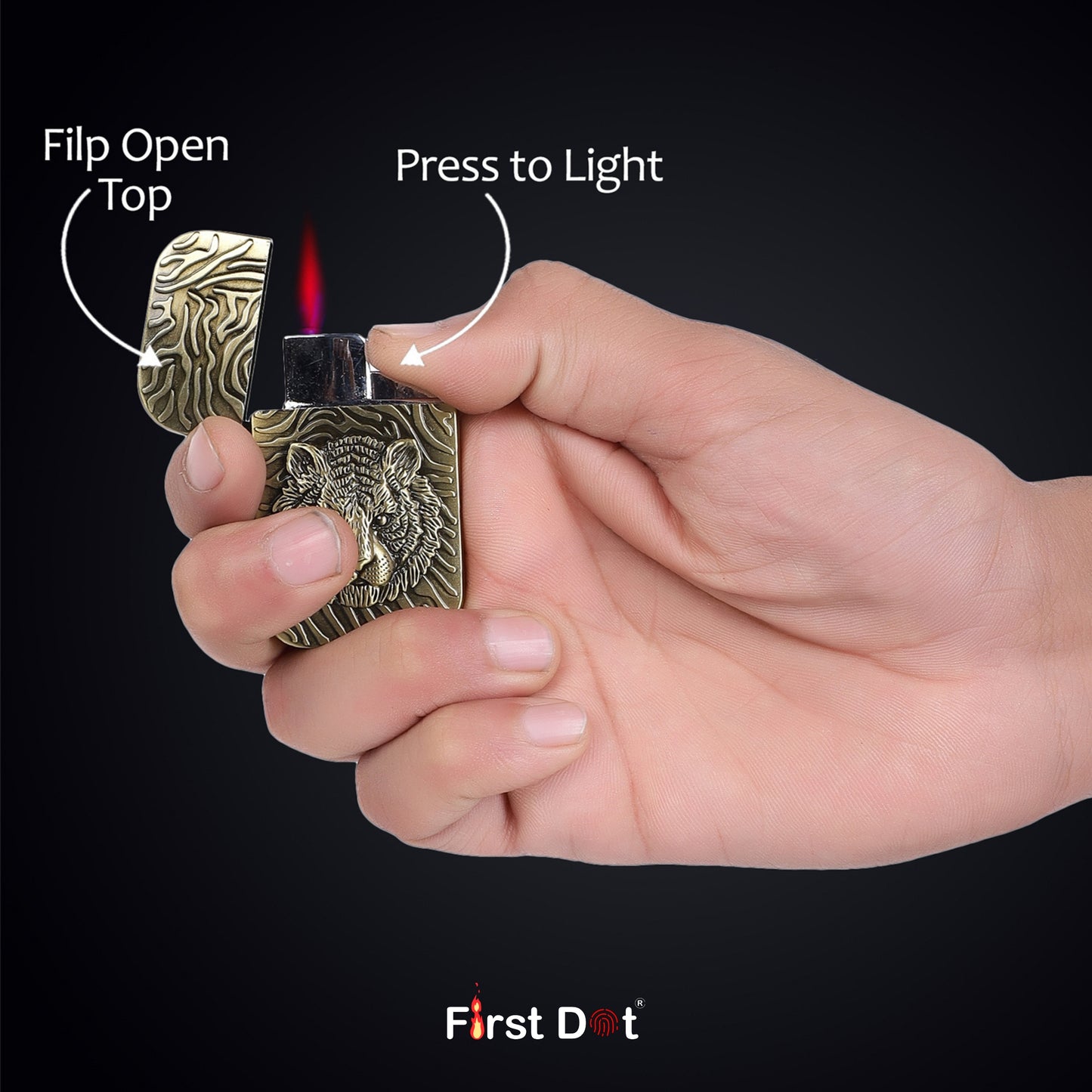 Hand holding a decorative lighter with instructions on how to use it, branded 'First Dot'.