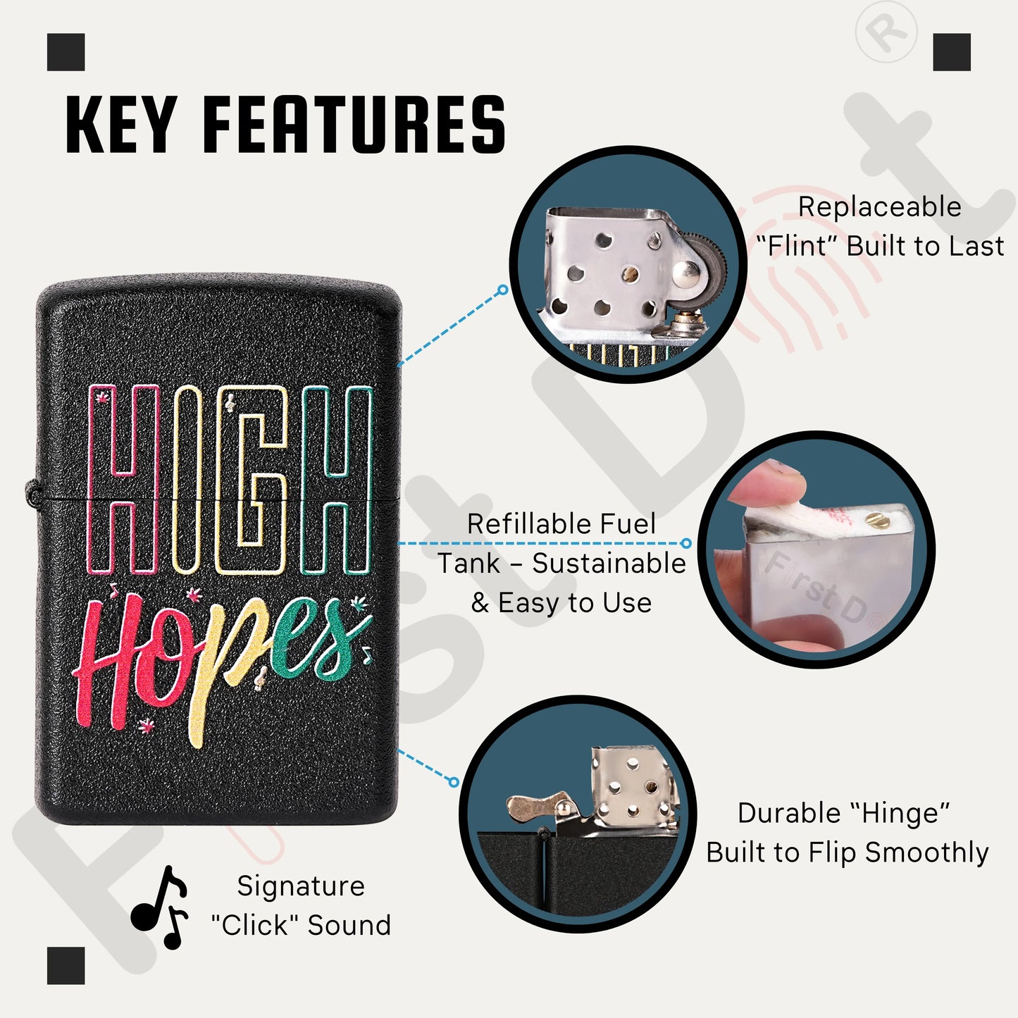 Lighter with 'High Hopes' text and key features highlighted on a white background High Hopes Premium Refillable Cigarette First Dot Lighter