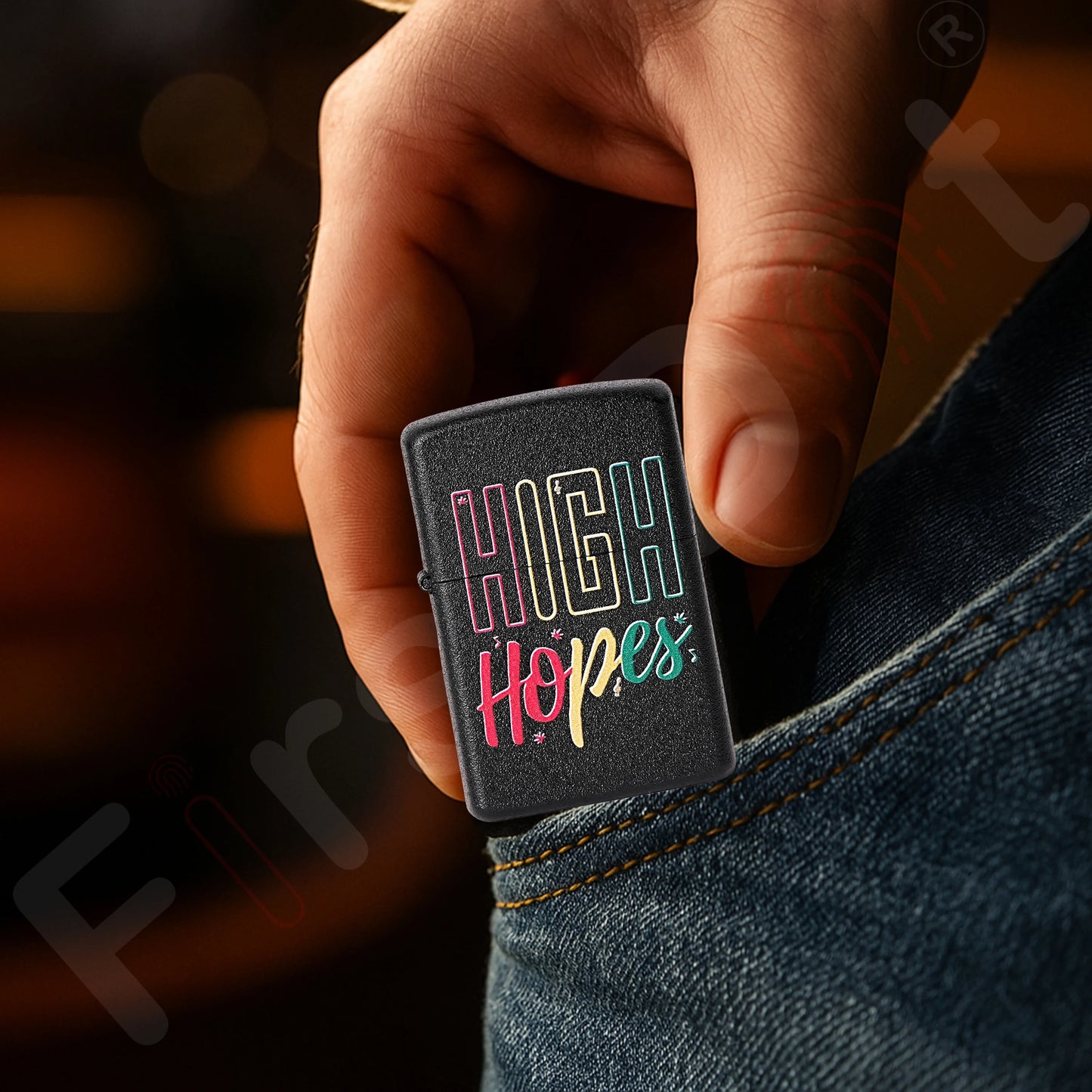 Hand holding a lighter with 'High Hopes' text, blurred background High Hopes Premium Refillable Cigarette First Dot Lighter