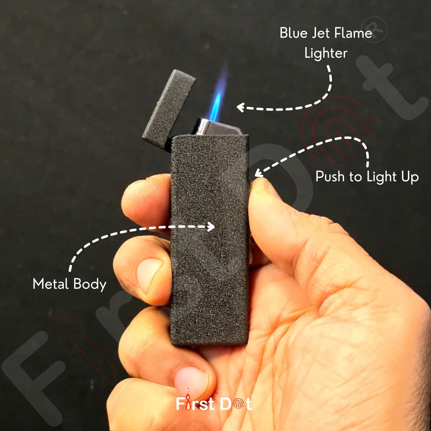 Hand holding a lighter with labeled parts on a dark background