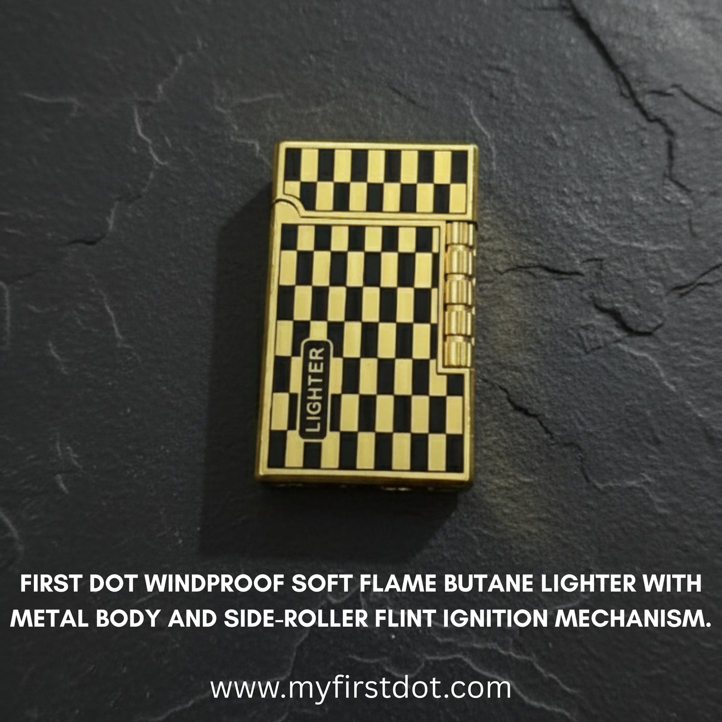 Premium Metal Body Side-Roller Flint Lighter (Butane Gas) Checkered Gold