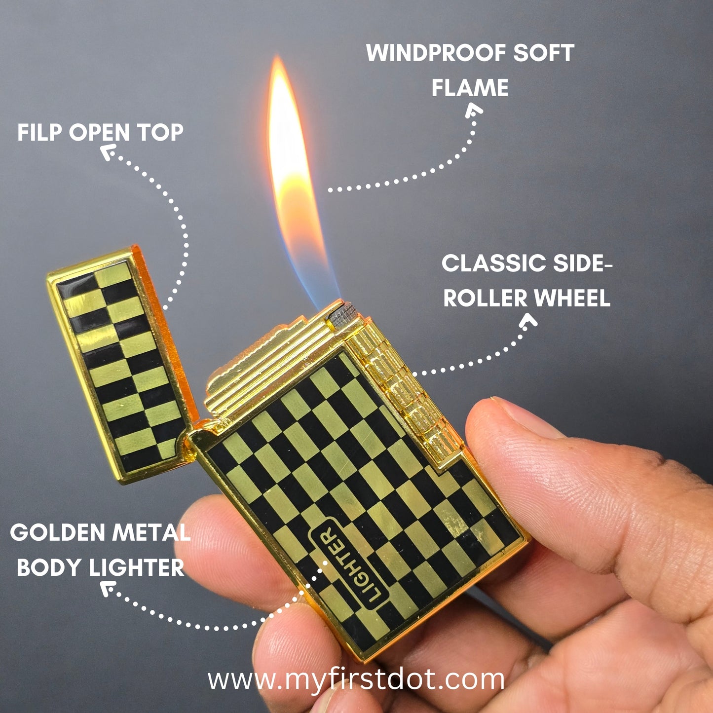 Premium Metal Body Side-Roller Flint Lighter (Butane Gas) Checkered Gold