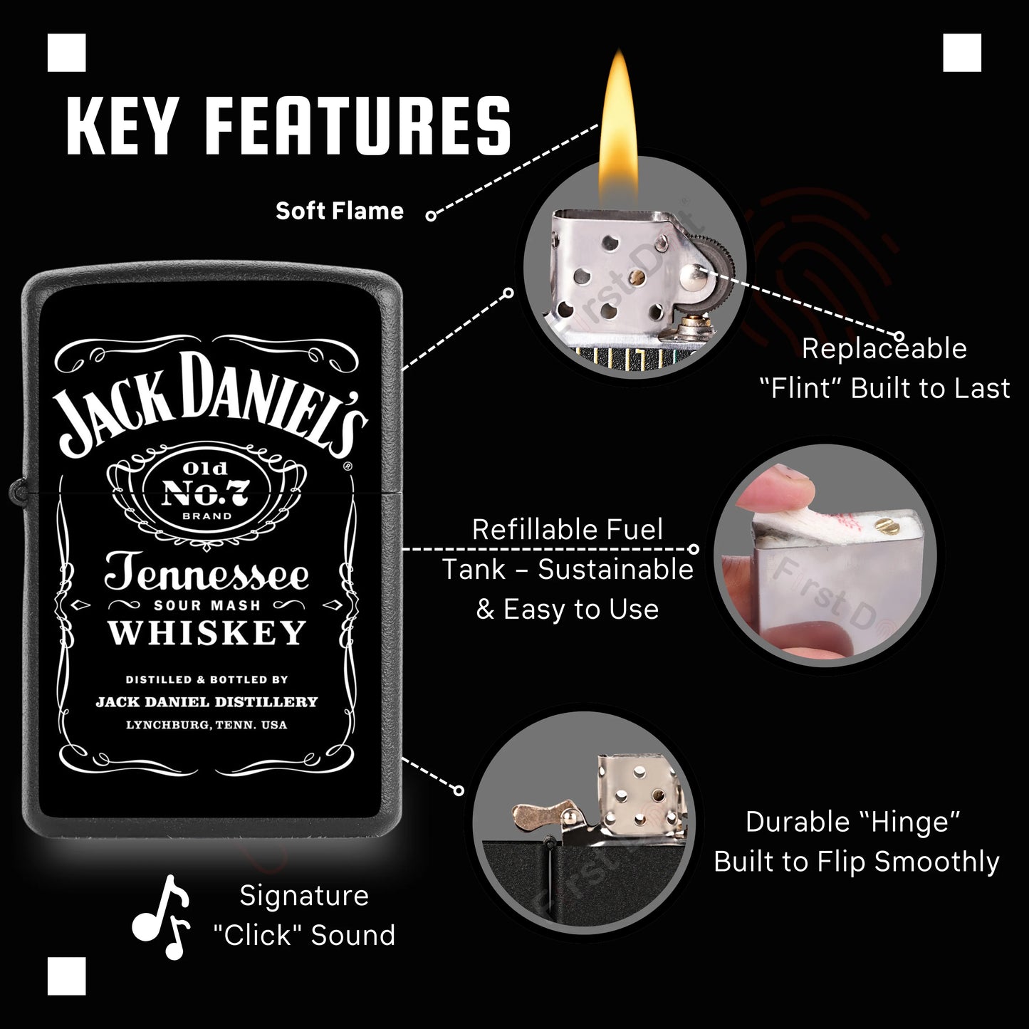 Premium Jack Daniel’s Signature Lighter – Windproof Refillable Cigarette Lighter for Men