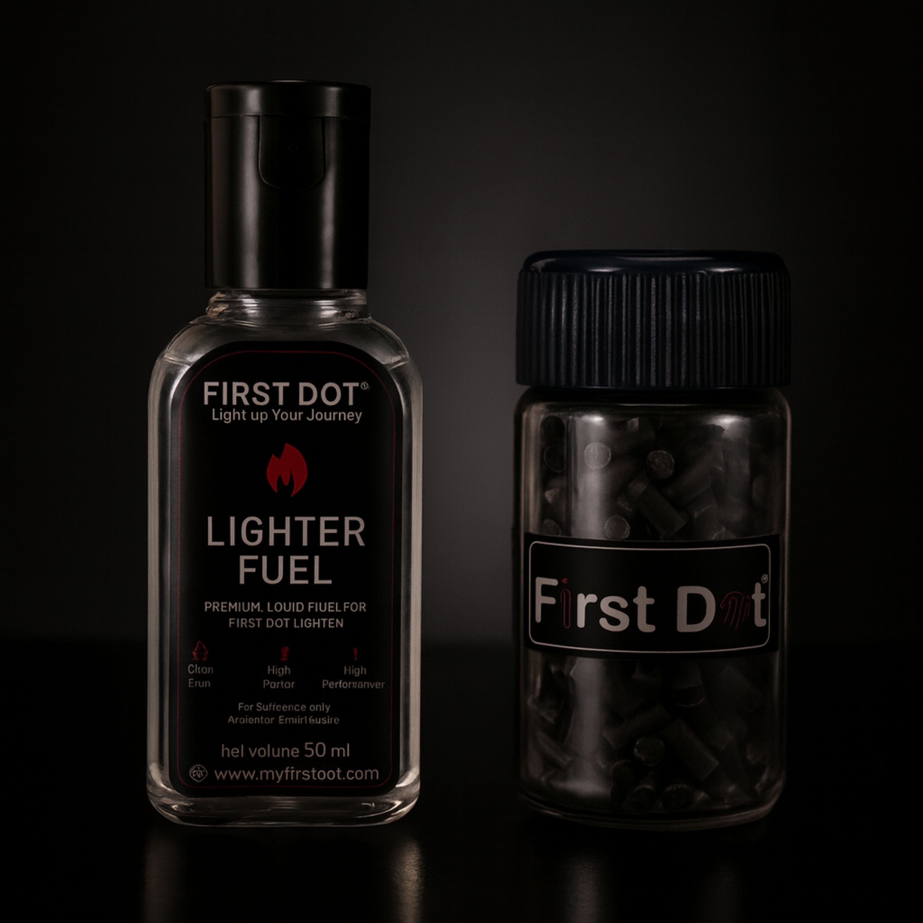 First Dot lighter accessories – 50ml lighter fuel bottle and flint stones jar displayed with premium soft lighting on a dark background.