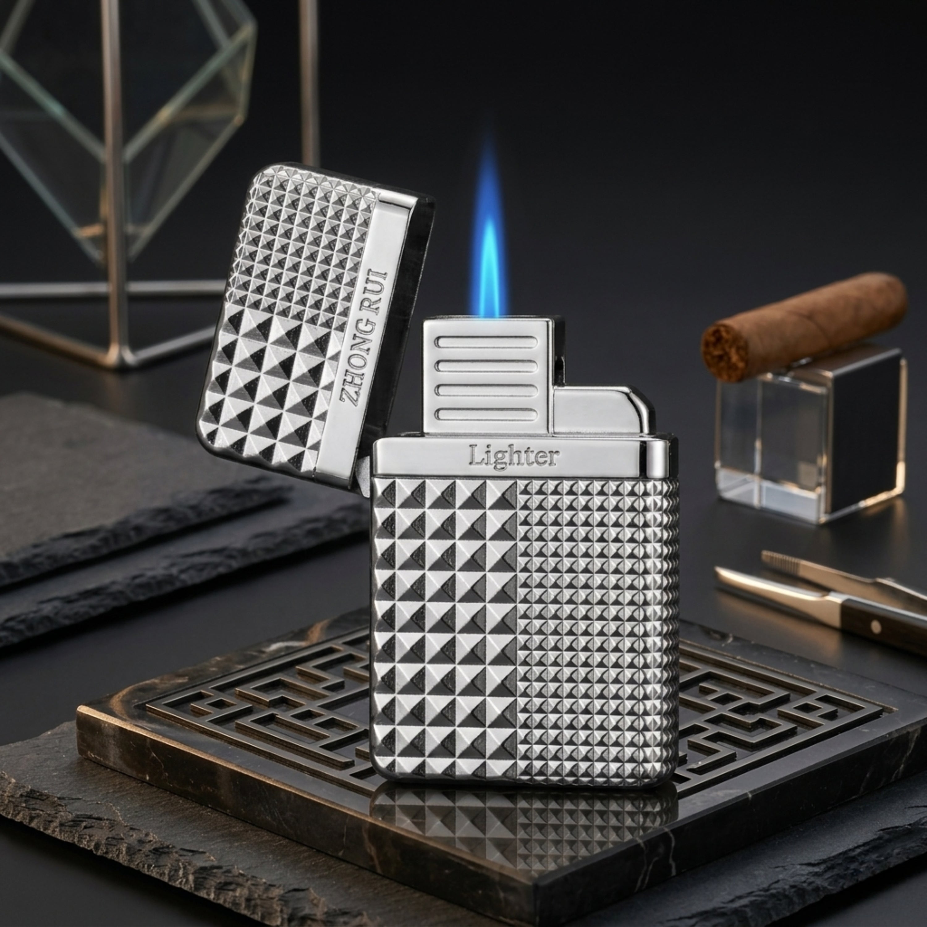 A luxury matte black card-shaped lighter with gold spade designs and a vivid green flame, set against a dark textured background with soft spotlight, moody shadows, and subtle smoke effects.