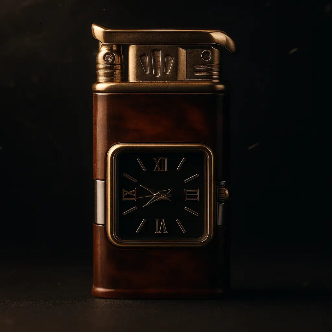 A luxurious vintage lighter with a built-in quartz clock, featuring a polished brown body, golden top, and black watch face with gold Roman numerals, set against a dark matte background with soft spotlight and moody shadows.