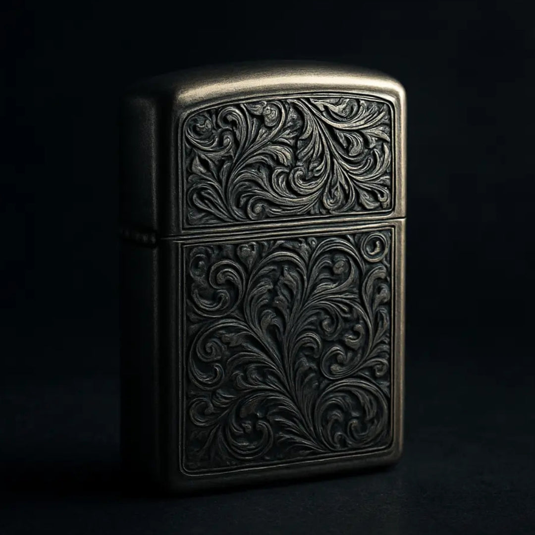 premium luxury lighters in Silver Embossed finishes displayed on a dark surface, highlighting sleek design, textured patterns, and elegant craftsmanship