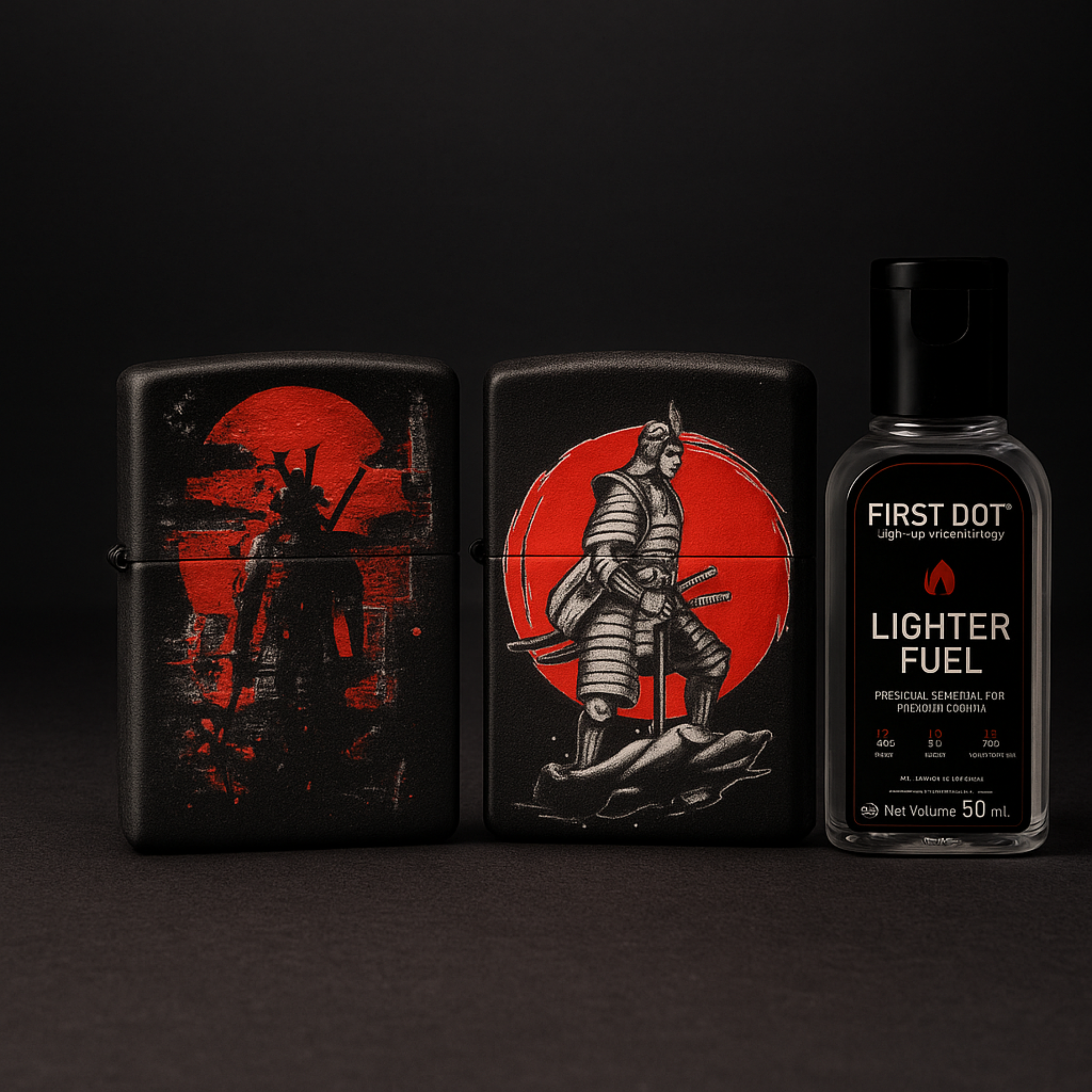 Two premium black lighters with detailed red samurai artwork, displayed alongside a 50ml First Dot lighter fuel bottle, set against a dark background for a dramatic and high-contrast look.