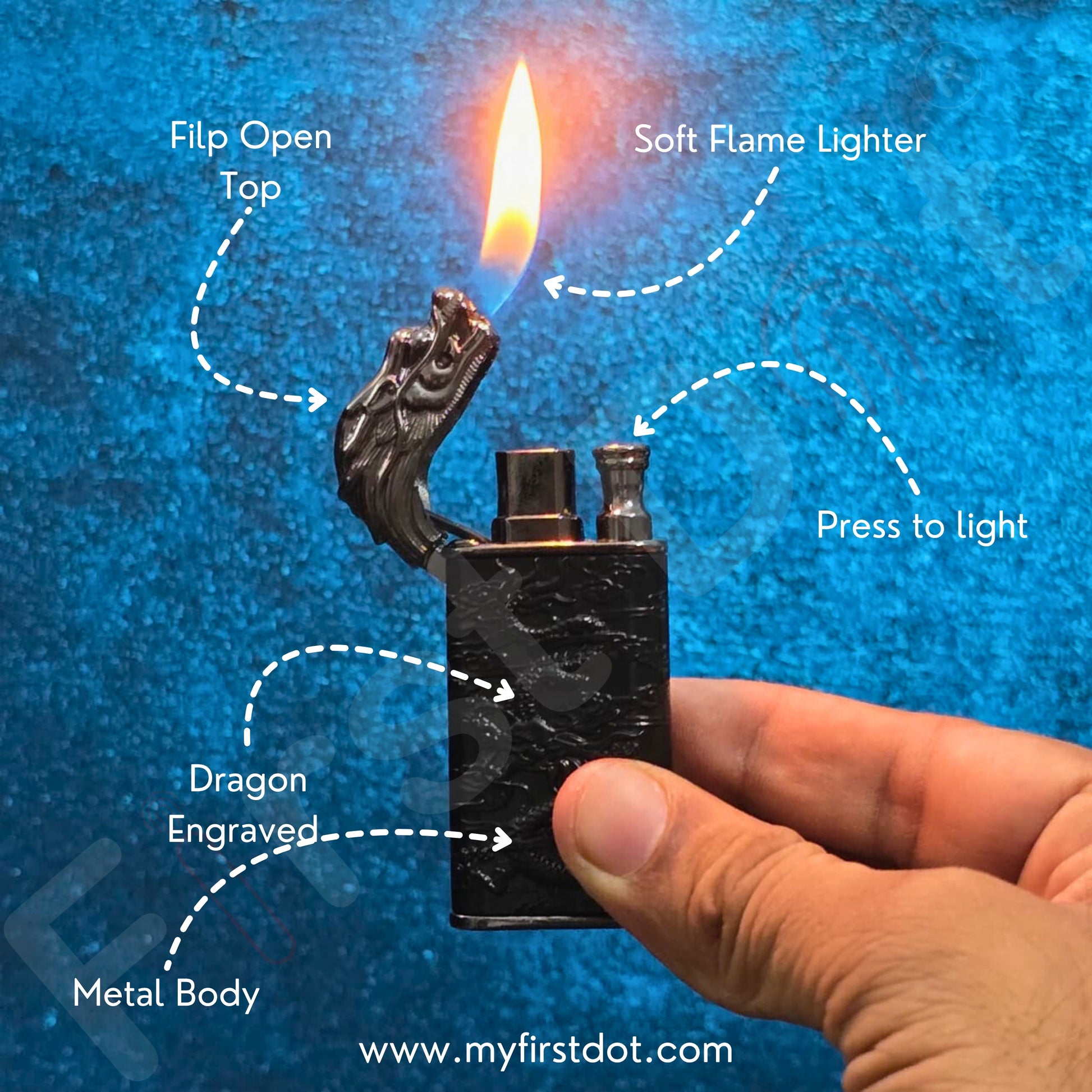Lighter with dragon engraving being lit against a blue textured background