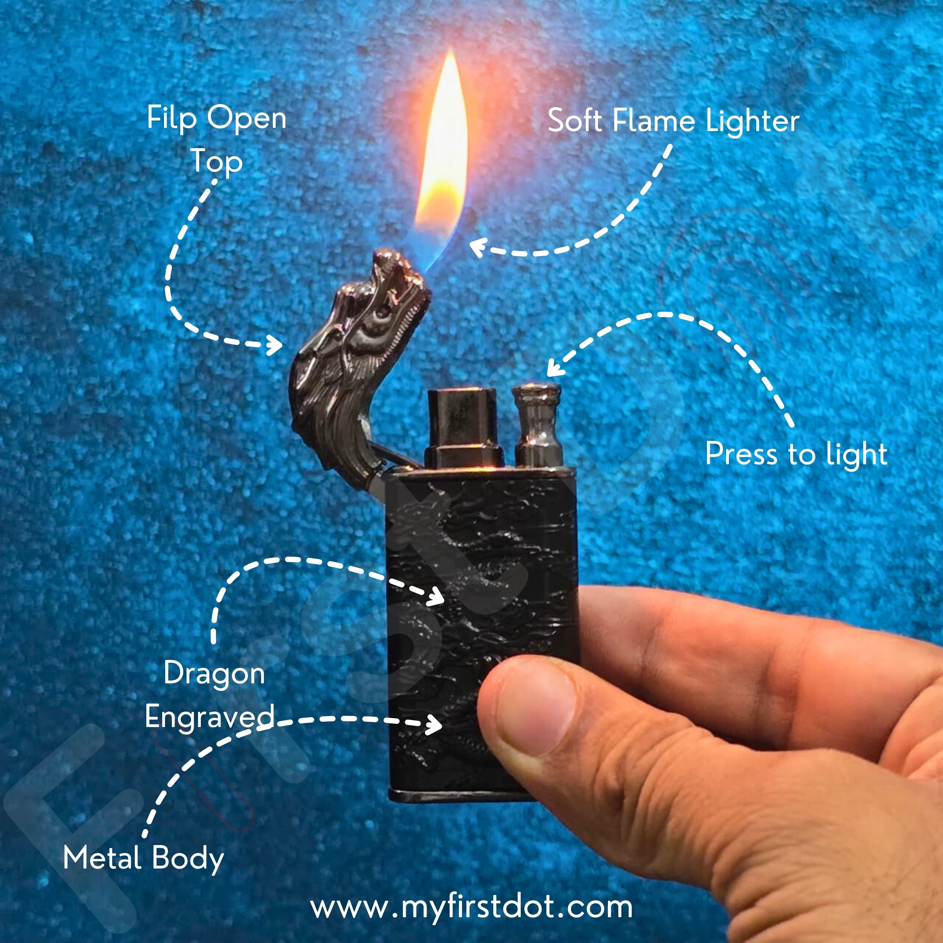 Lighter with dragon engraving being lit against a blue textured background