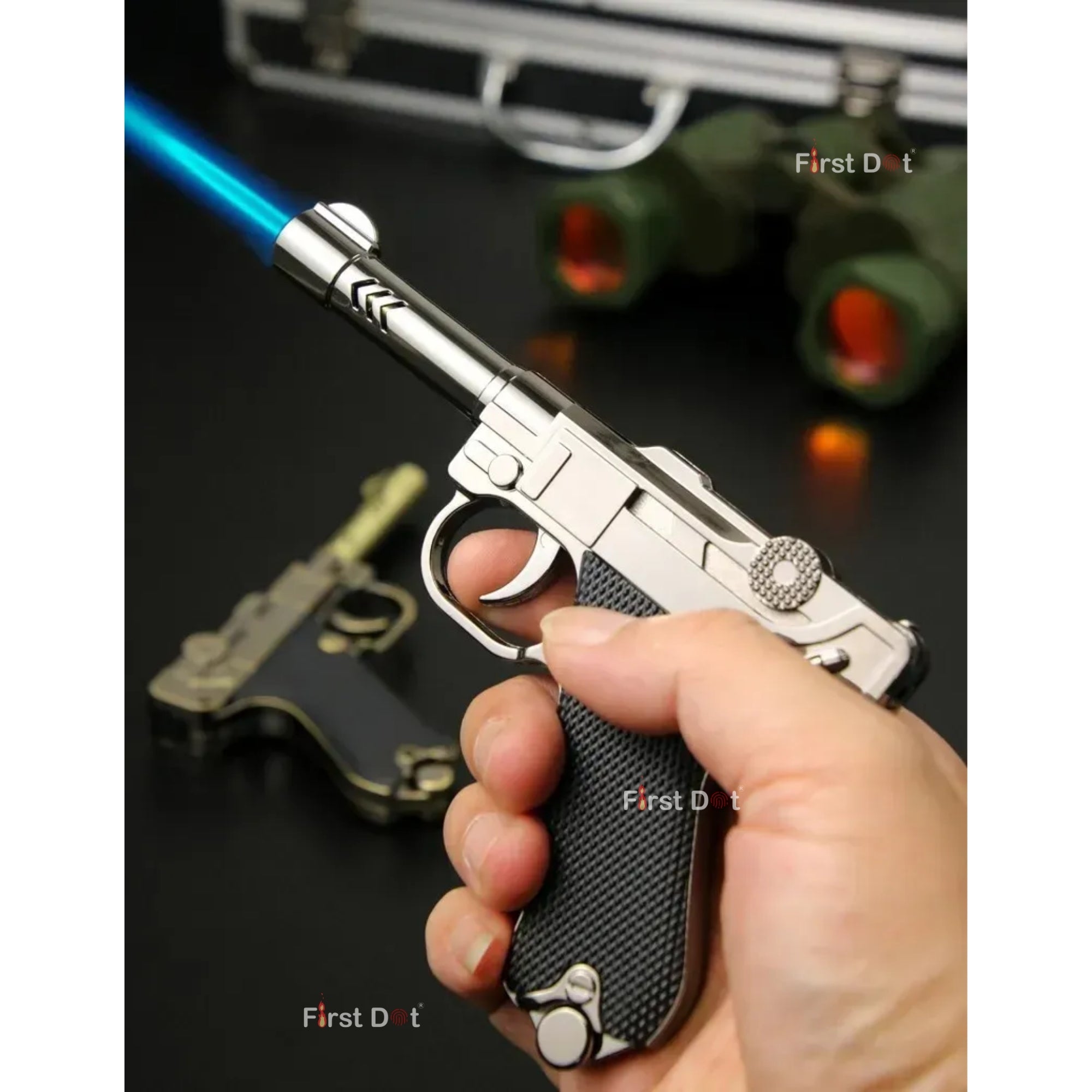 German Vintage P08 Pistol Lighter Jet Flame Refillable Metal Body
