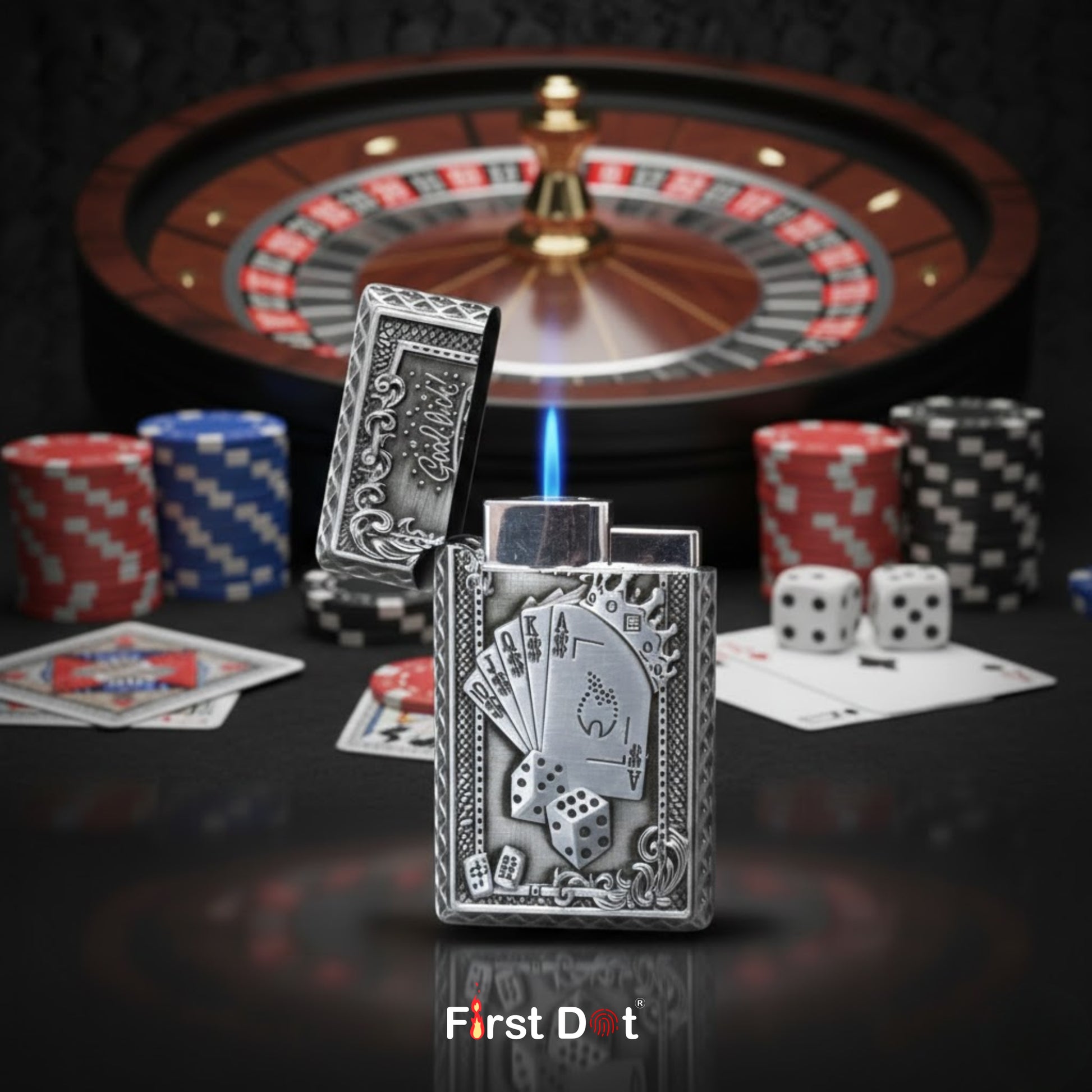 Decorative lighter with playing card design in front of a roulette wheel and casino table.