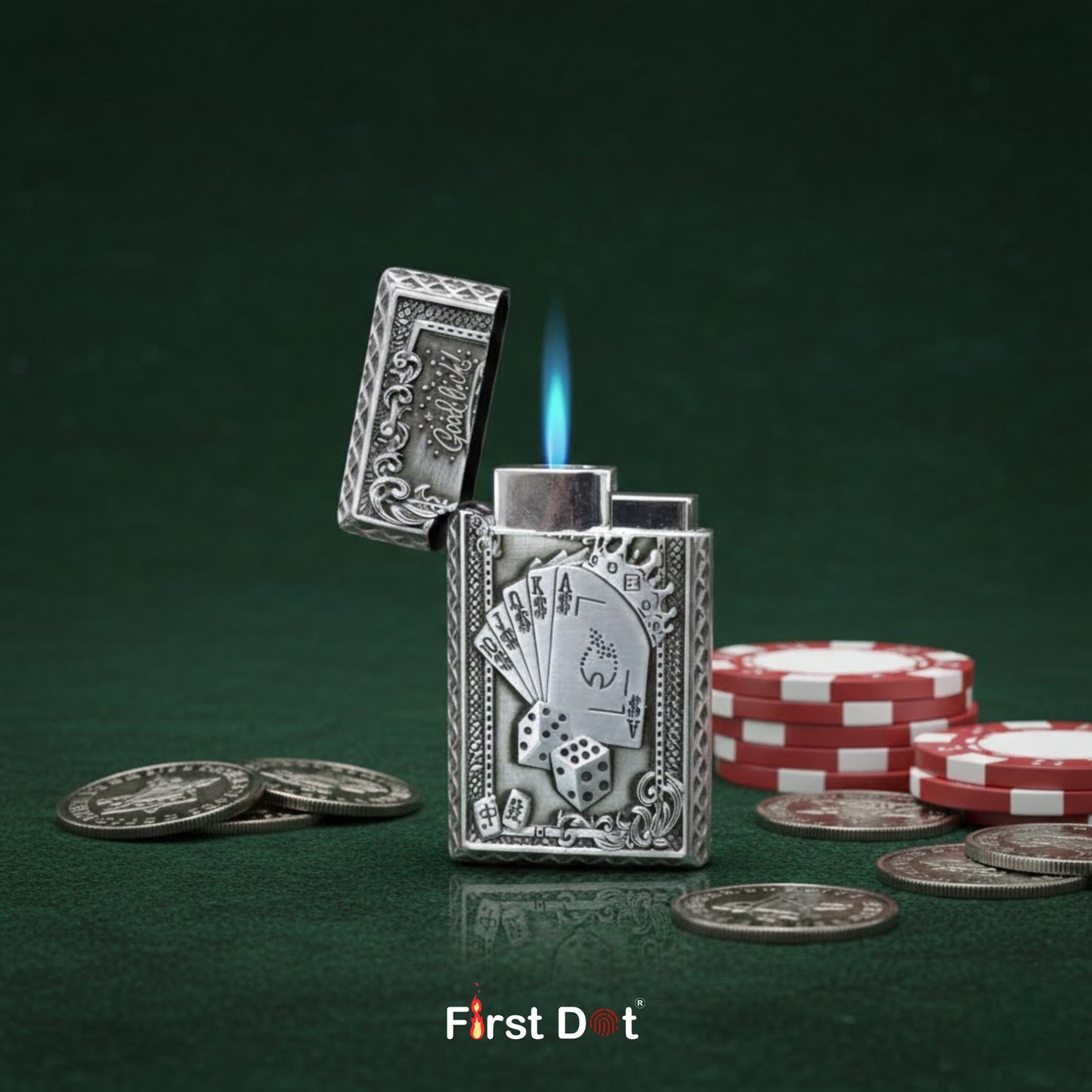Silver playing card lighter with poker design, surrounded by poker chips and coins on a green background.
