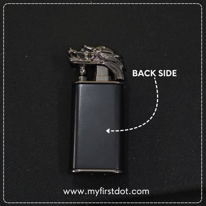 Black lighter with dragon design on the back side, labeled 'Back Side', on a black background.