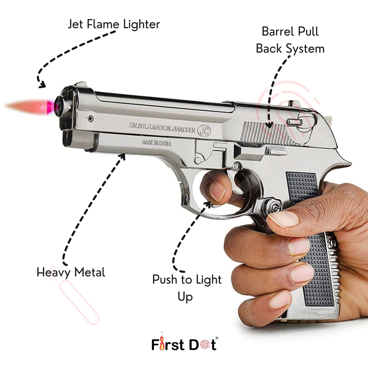 Pistol-shaped lighter held by a hand with labeled features on a white background