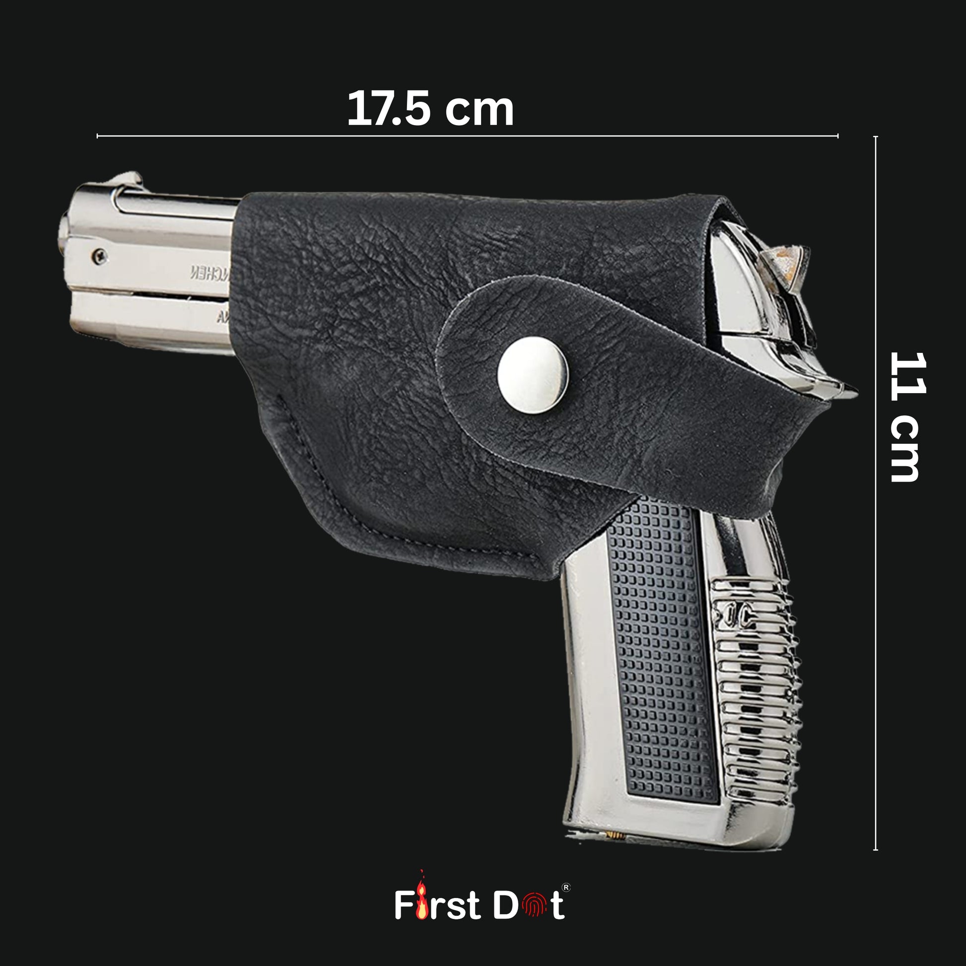 Black gun Lighter holster with a gun inside, showing measurements 608 Gun Lighter with Cover  and 'First Dot' branding.