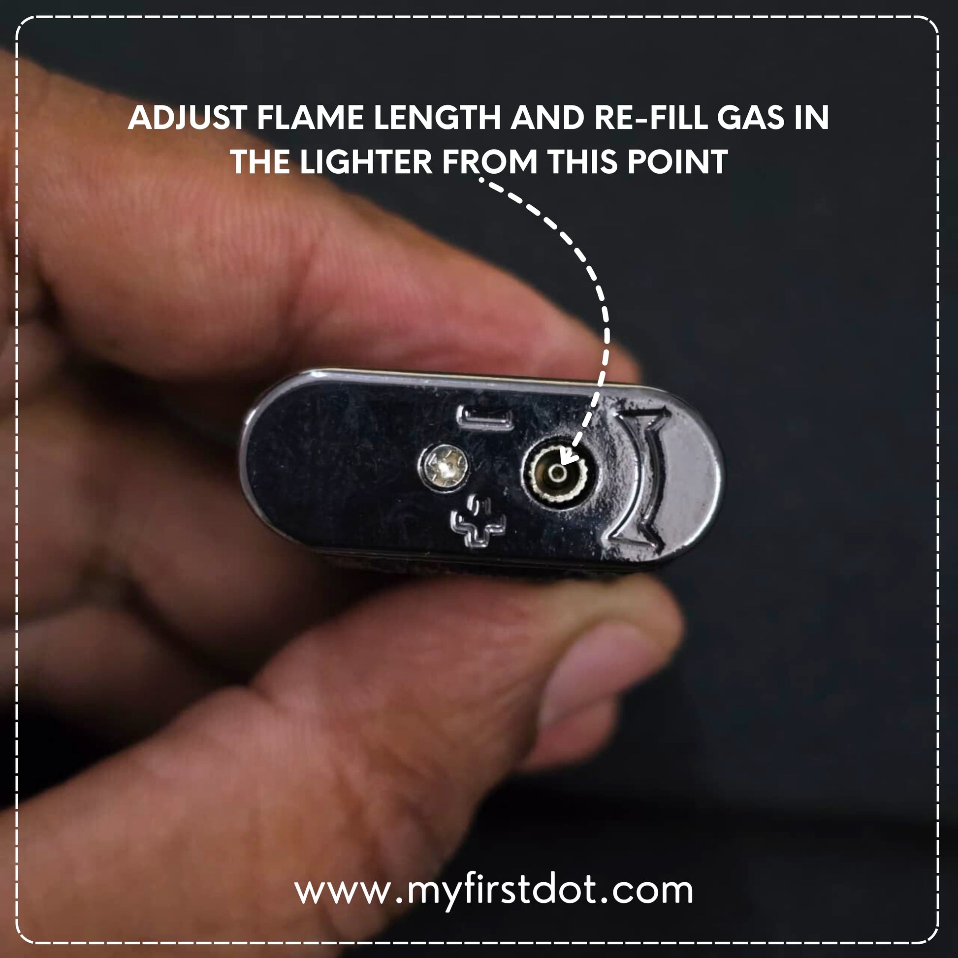 Close-up of a lighter with instructions on adjusting flame length and refilling gas, held by a hand.