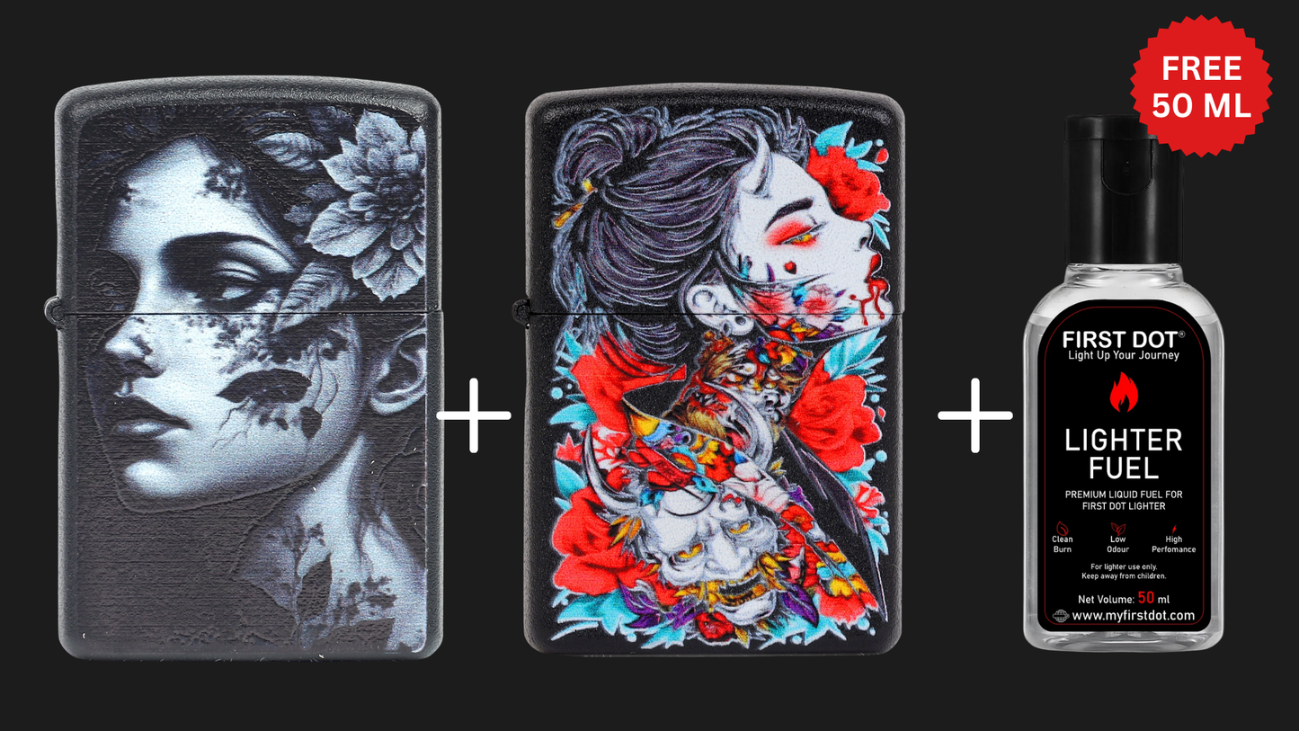 Combo of 2 Street Graphic Cigarette Lighters | Premium Box + Free 50ml Fuel