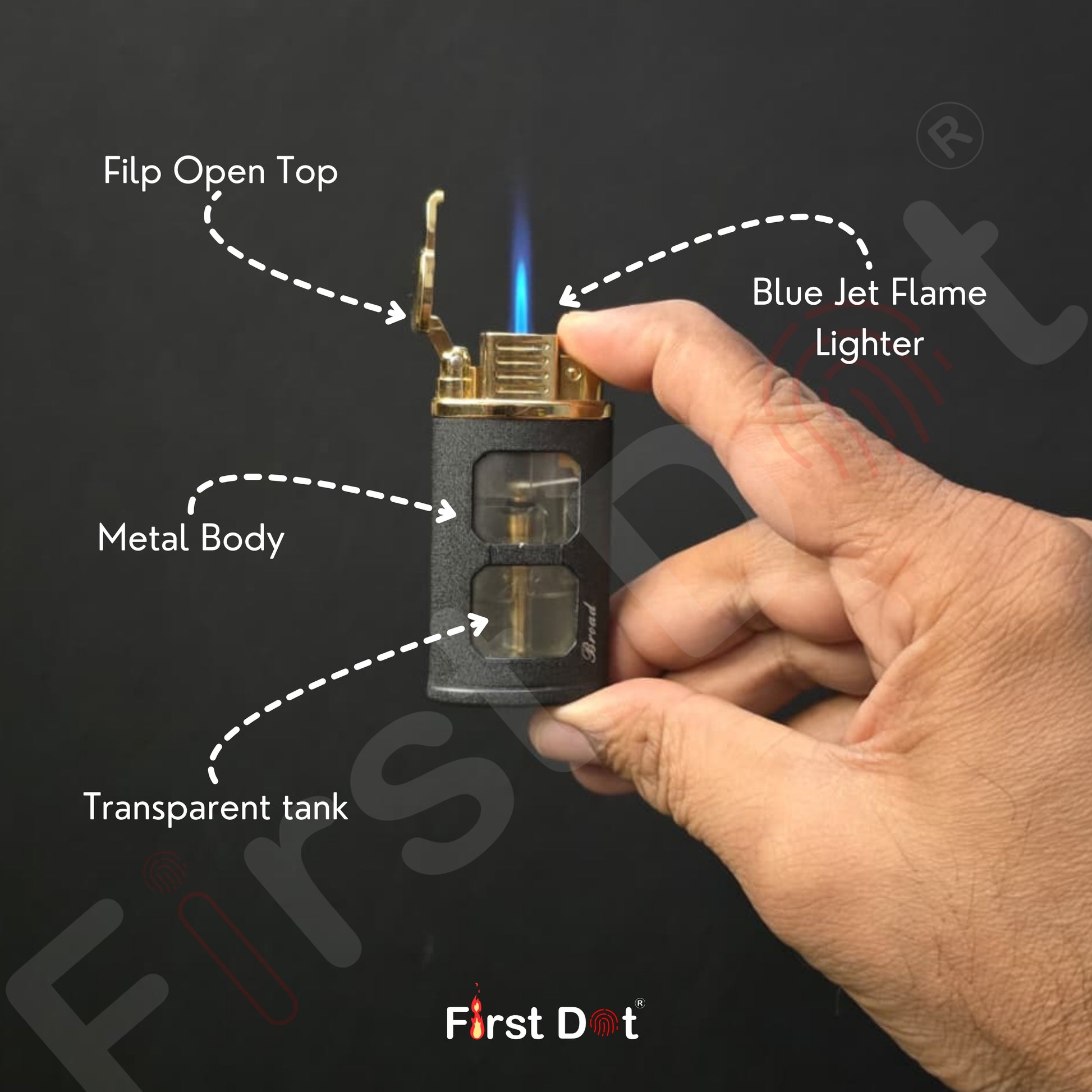 Hand holding a lighter with labeled parts on a black background, featuring the First Dot brand.