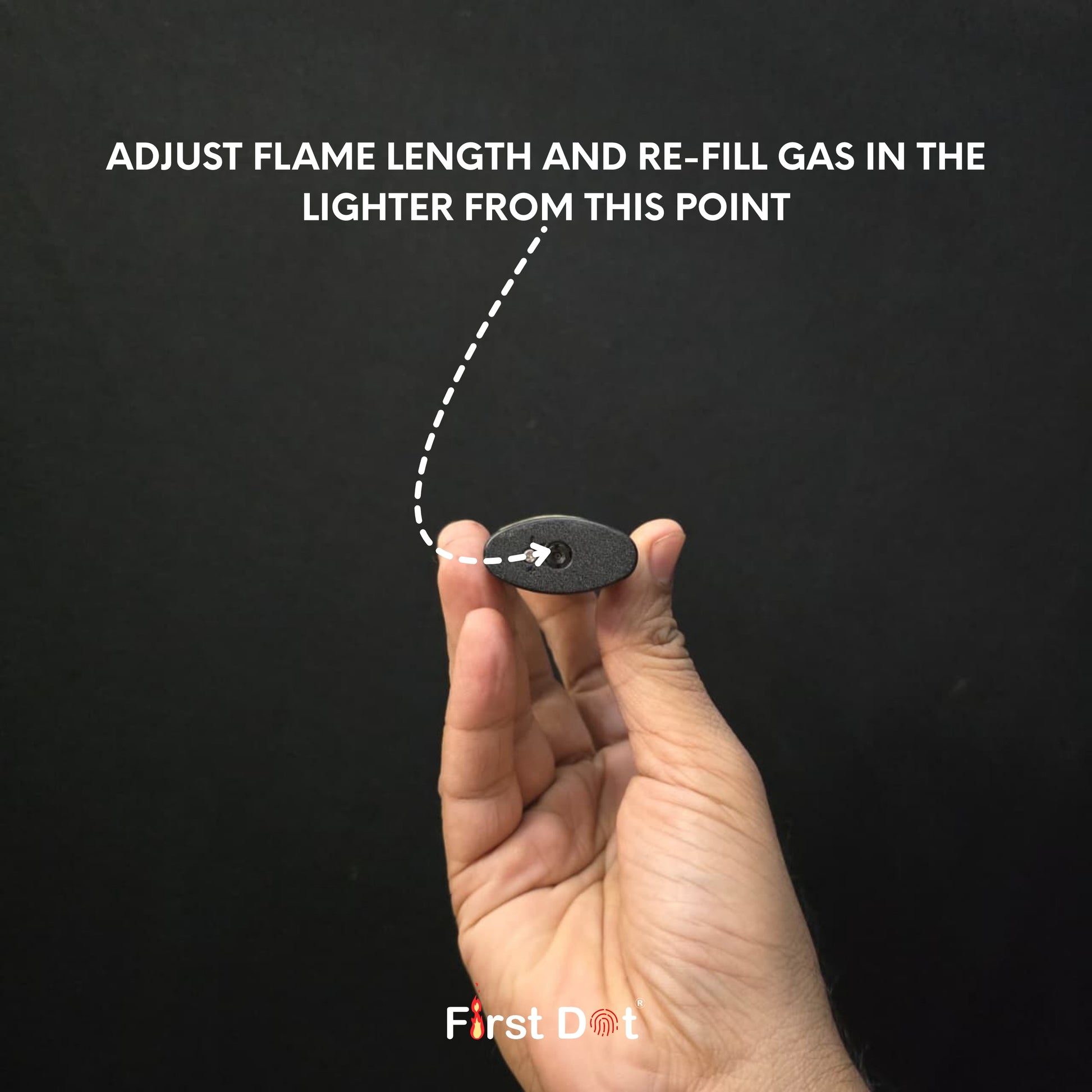 Hand holding a lighter with instructions on adjusting flame length and refilling gas, against a black background.