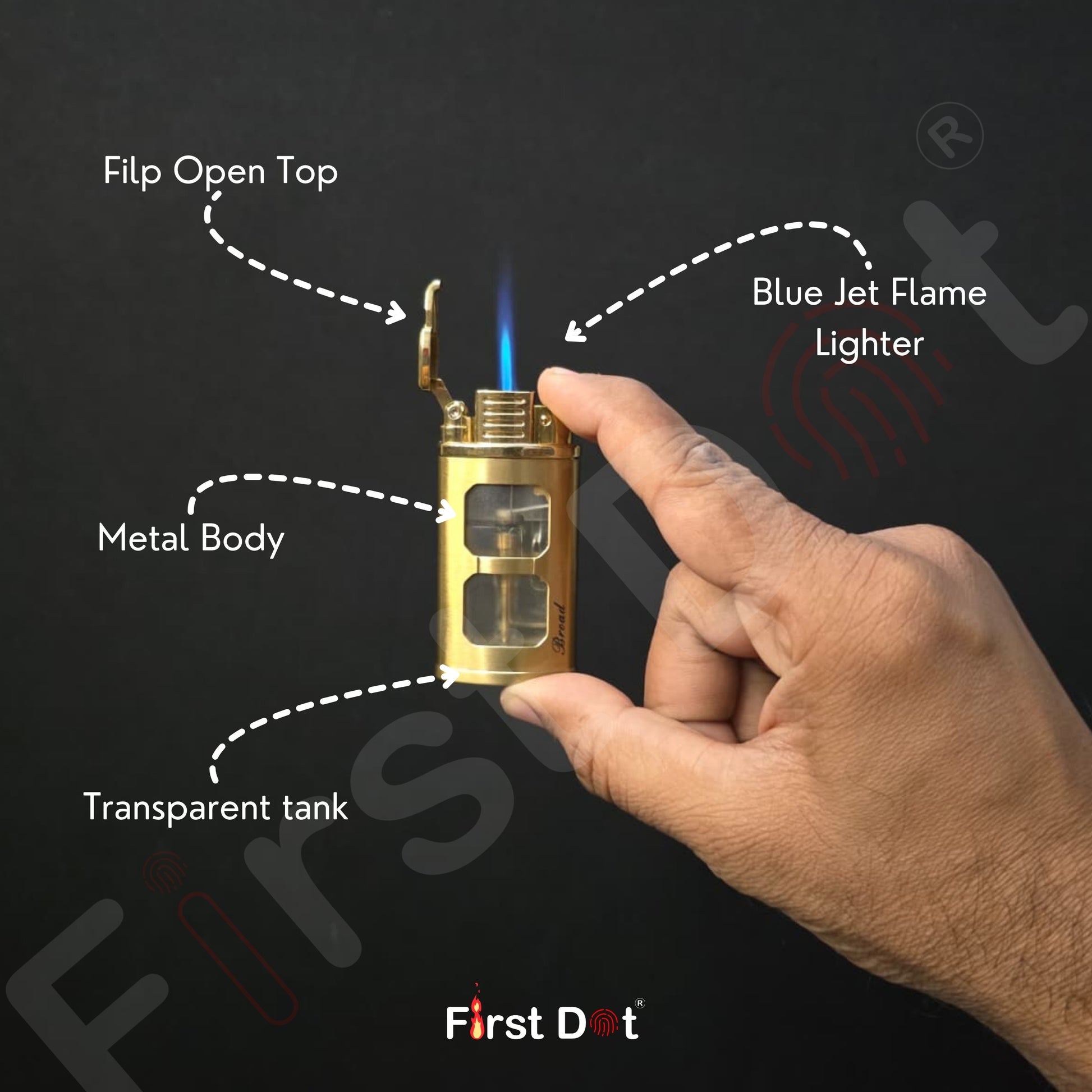 Hand holding a gold lighter with labeled parts on a black background, featuring the brand 'First Dot'.