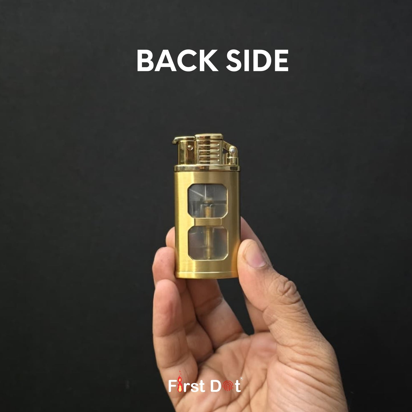 Gold lighter held in a hand with 'Back Side' text on a black background