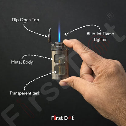 Hand holding a lighter with labeled parts on a dark background, featuring the brand 'First Dot'.