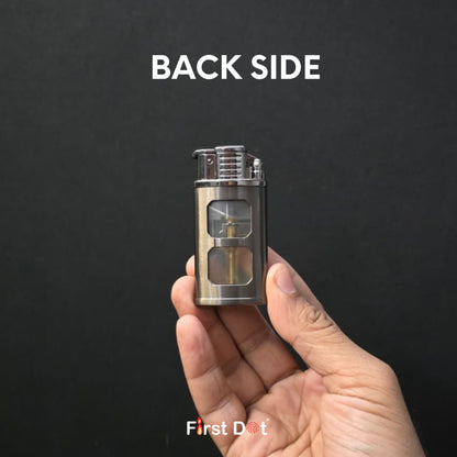 Hand holding a metallic device labeled 'First Dot' with 'BACK SIDE' text on a black background