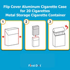 Flip cover aluminum cigarette case for 20 cigarettes with step-by-step instructions on a blue background.