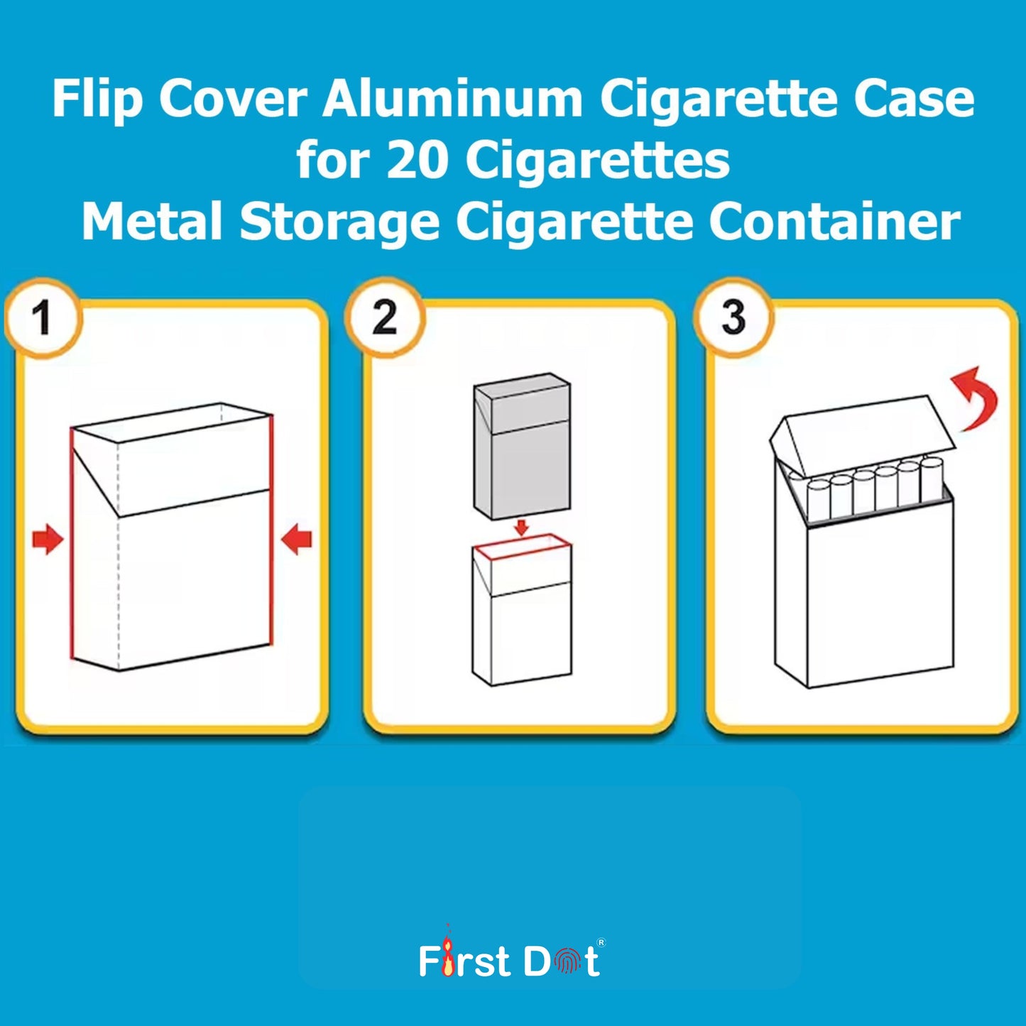 Flip cover aluminum cigarette case for 20 cigarettes with step-by-step instructions on a blue background.