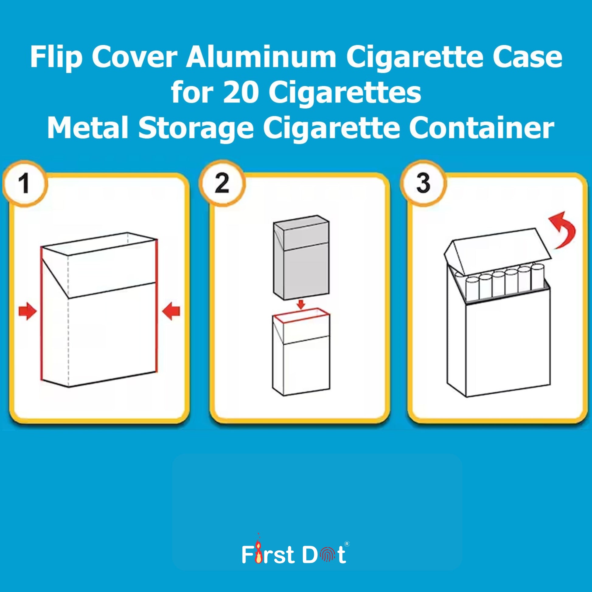 Flip cover aluminum cigarette case for 20 cigarettes with step-by-step instructions on a blue background.