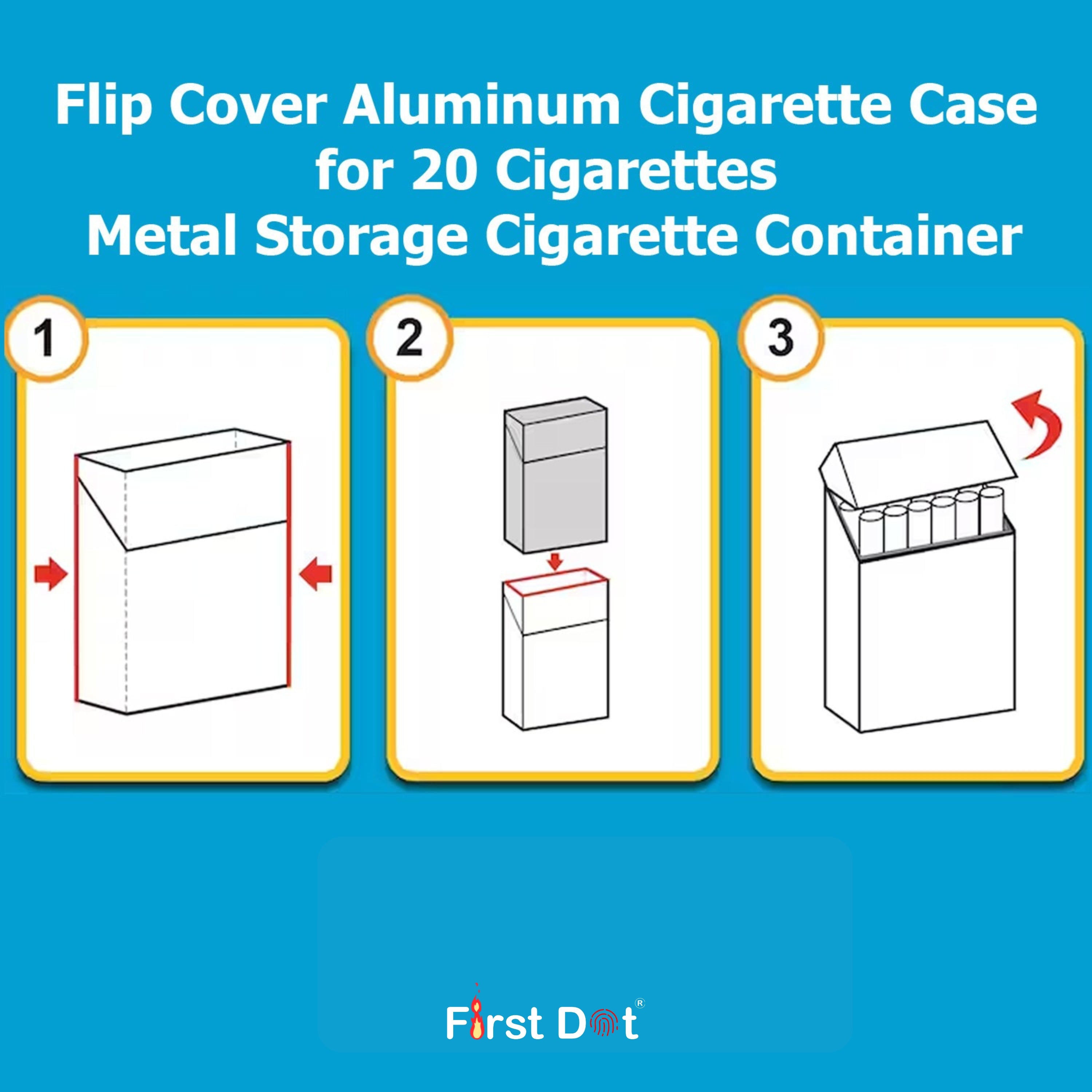 Flip cover aluminum cigarette case for 20 cigarettes with step-by-step instructions on a blue background.