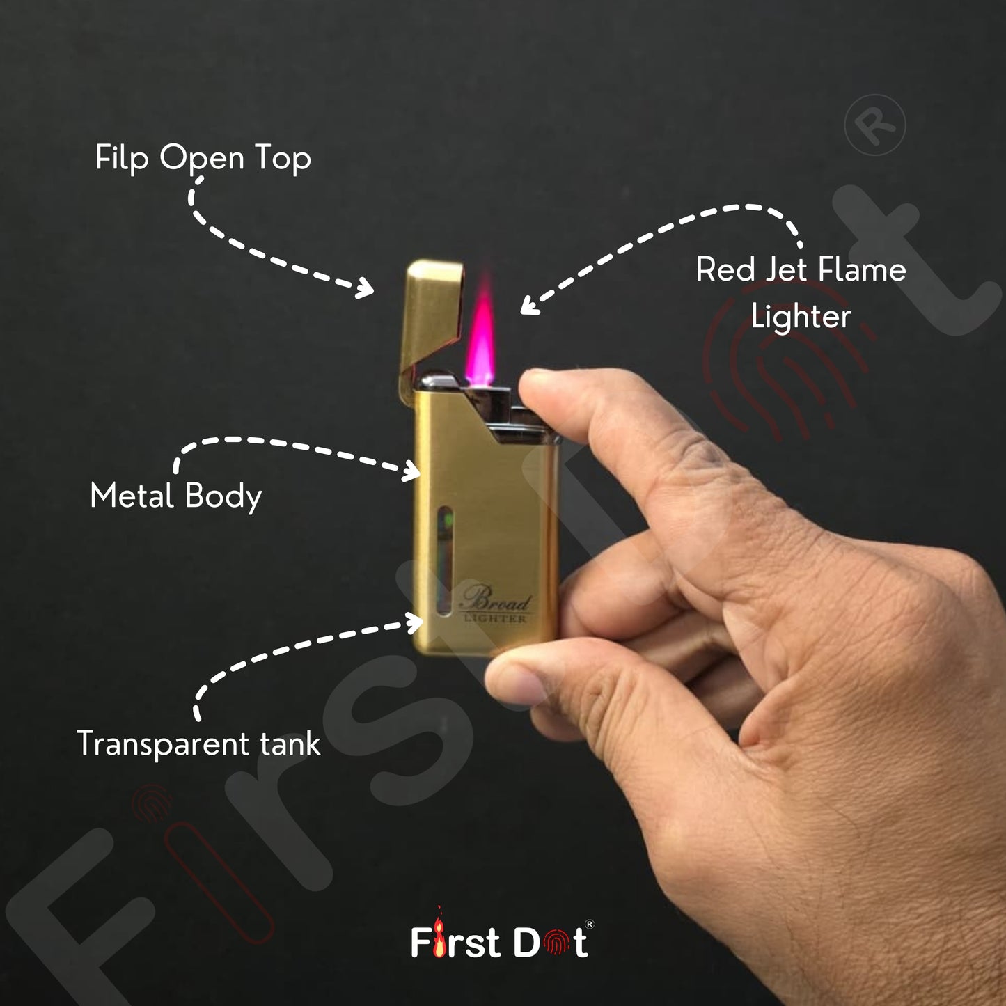 Gold lighter being held with labeled features on a dark background, featuring the brand 'First Dot'.