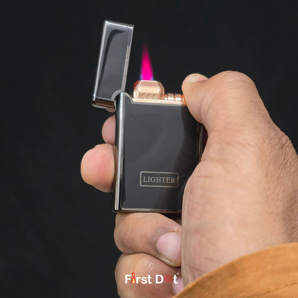 Hand holding a lighter with a visible flame against a dark background