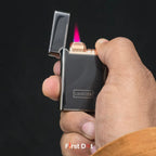 Hand holding a lighter with a visible flame against a dark background