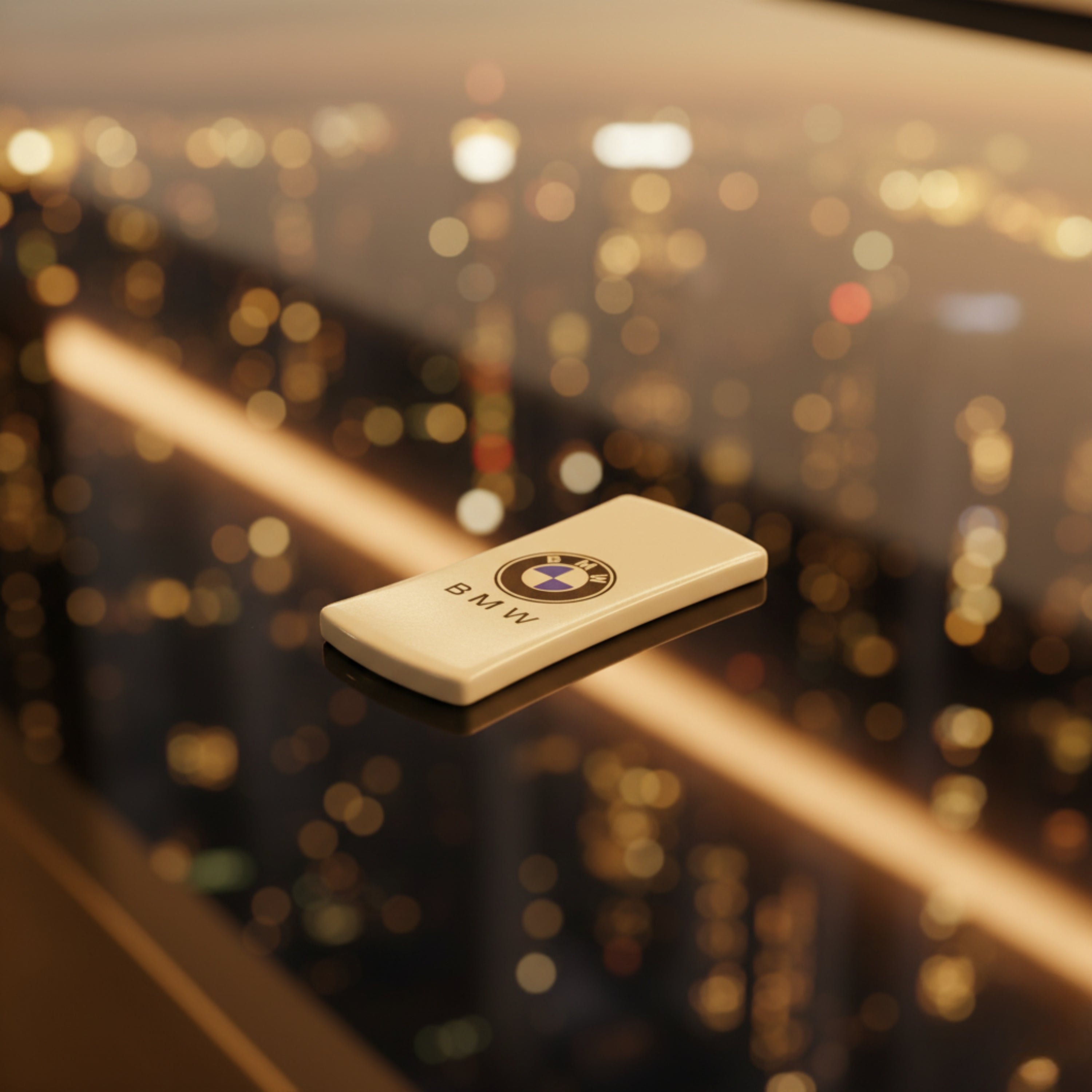 BMW key fob on a reflective surface with a blurred cityscape background BMW Jet Flame Cigarette Lighter