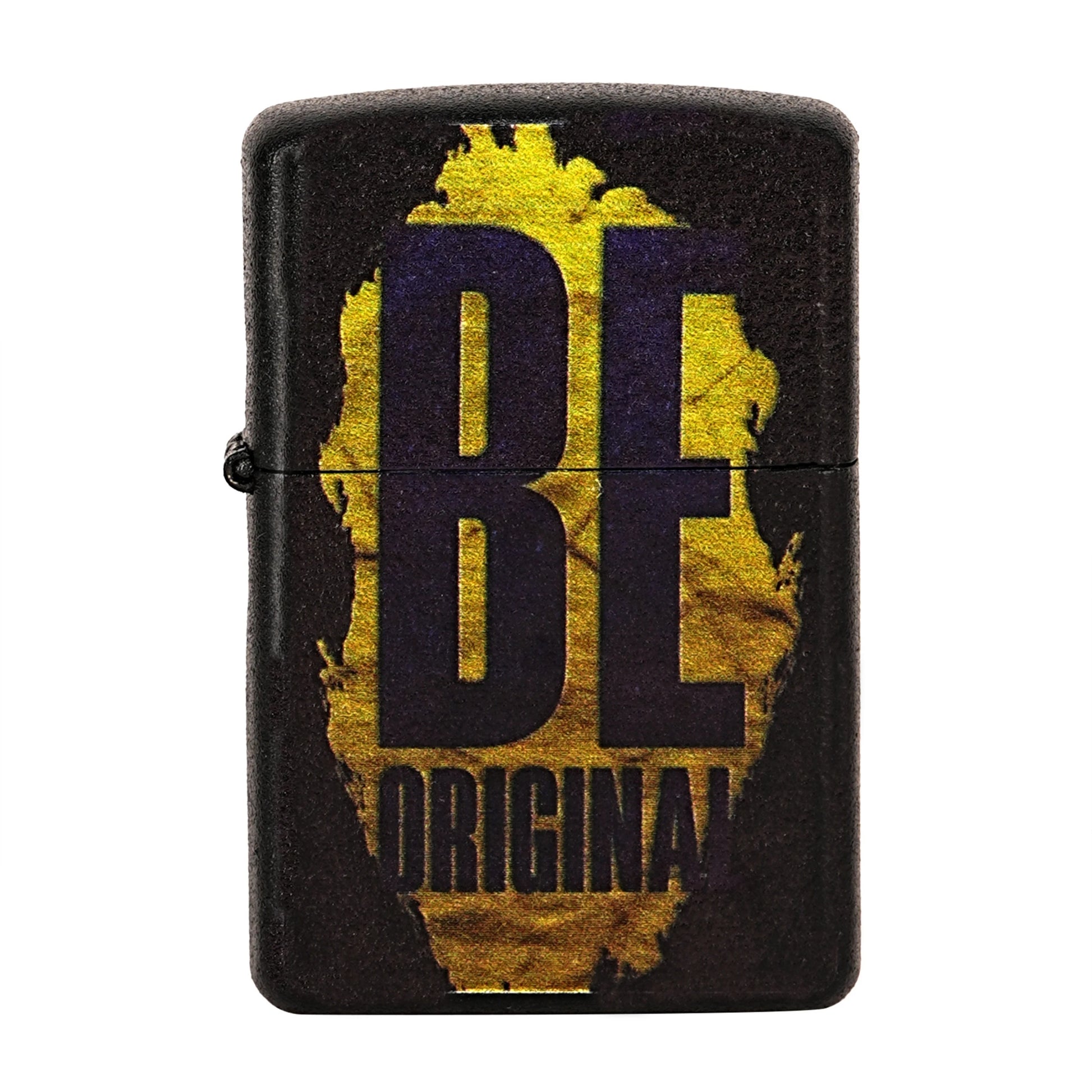 Black lighter with gold and blue 'BE ORIGINAL' design on a white  Be Original Premium Refillable Cigarette Lighter – powered by liquid fuel, strong flame, sleek design, and made to stand out with every spark.background