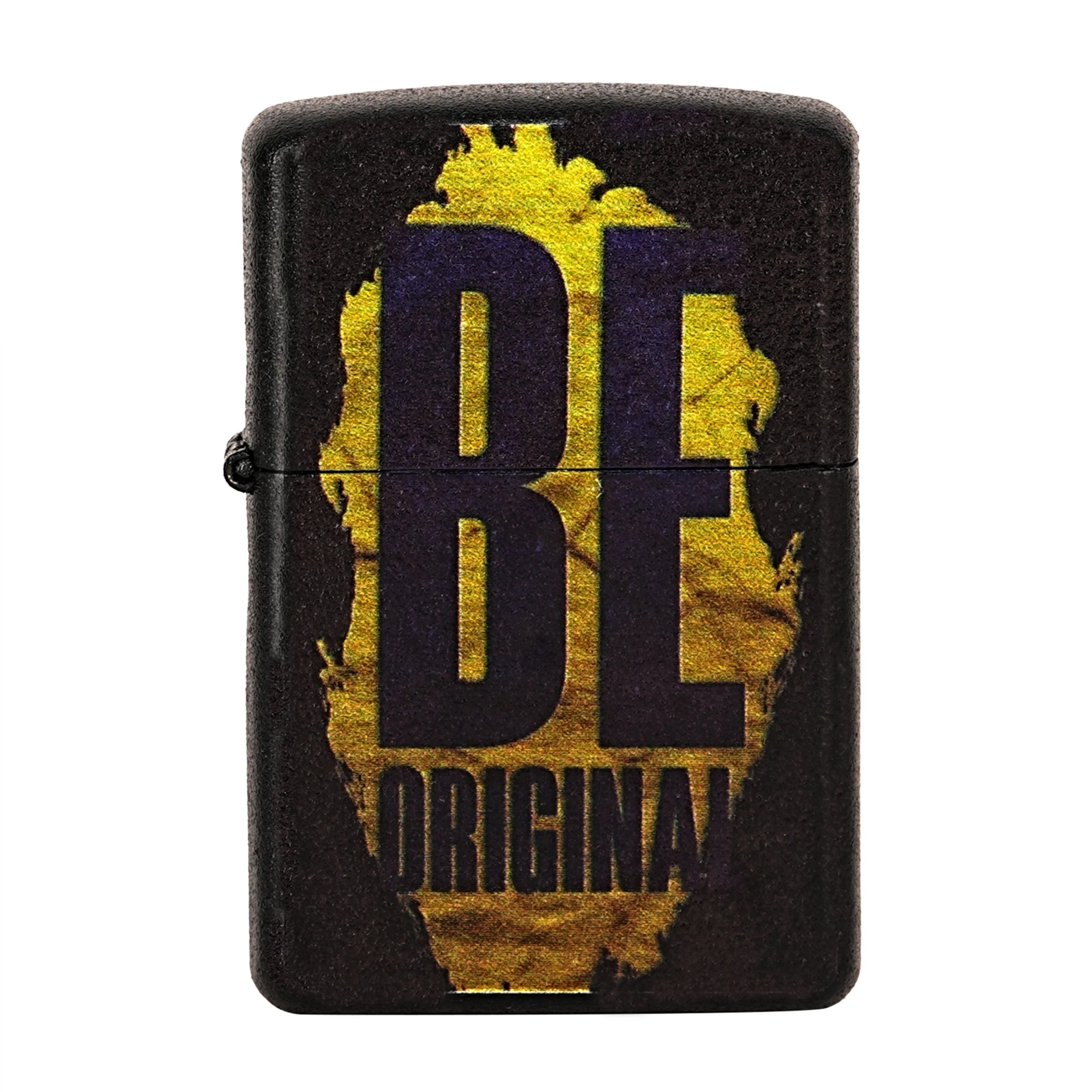 Black lighter with gold and blue 'BE ORIGINAL' design on a white  Be Original Premium Refillable Cigarette Lighter – powered by liquid fuel, strong flame, sleek design, and made to stand out with every spark.background